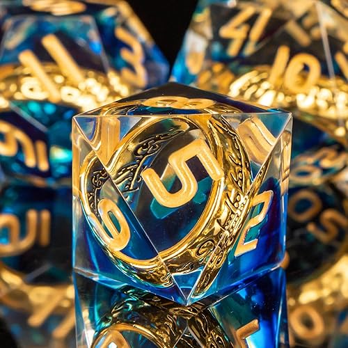 Miniatura 7 de OUKELANWO Magic Lord Rings DND Juego de dados con caja, 7 piezas LOTR D&D para juegos de rol, dados poliédricos de resina de borde afilado azul y