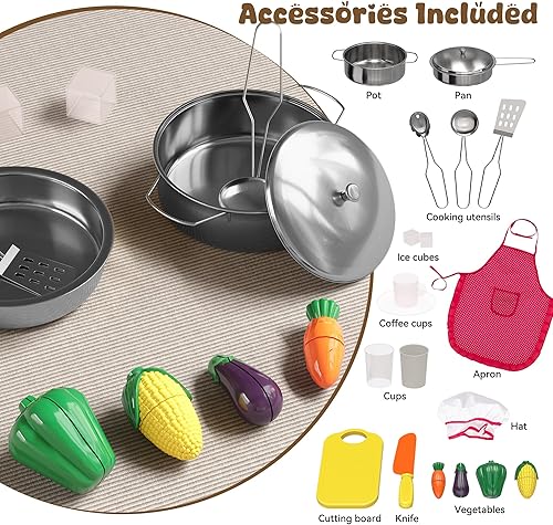 Miniatura 7 de Juego de cocina de esquina de madera para niños, cocina de juego grande con fregadero con agua corriente, estufa con luz y sonido, máquina de hielo