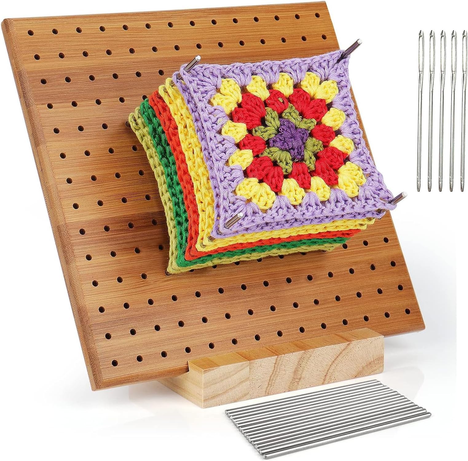 Blocking Board for Granny Square with Base, Handcrafted Bamboo Wooden Blocking Board, and Crochet Projects Blocking Board Full Kit with 20 Stainless Steel Bar Pins and 5 Needles for Mothers