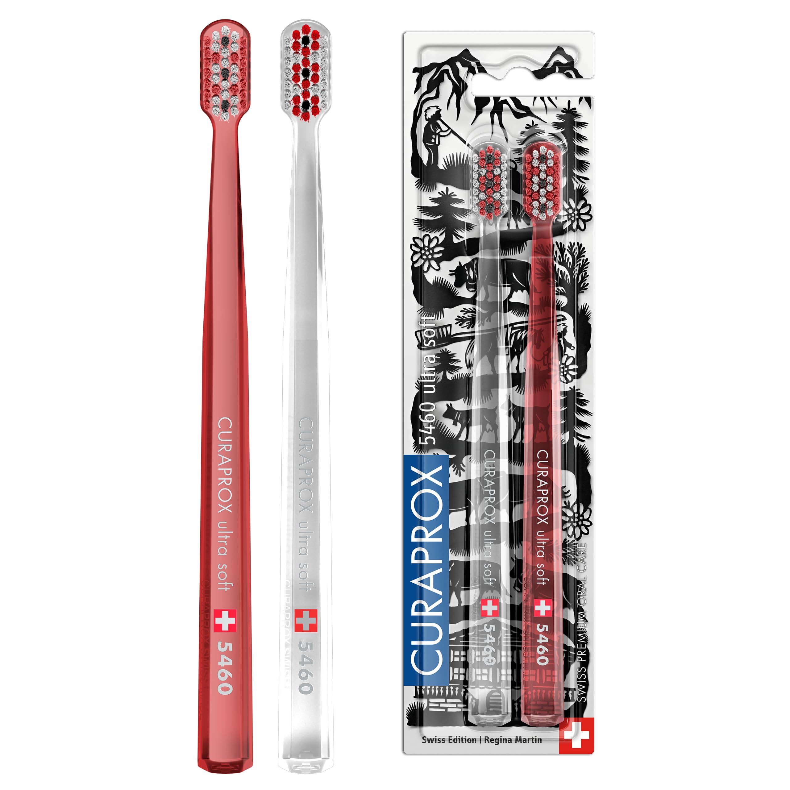 Manual Toothbrush – Adult Gum Care | Ultra-Soft for Plaque Removal | Swiss Edition Duo Pack | Red-Transparent | Made in Switzerland