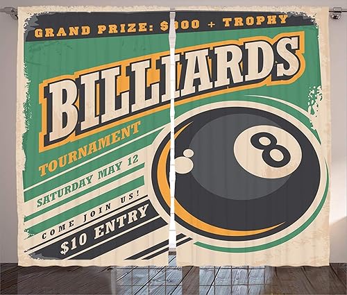 Ambesonne Cortinas vintage, ilustración retro de bola, forma de torneo, gran premio, palabras, hobby, juego, impresión artística deportiva, sala de