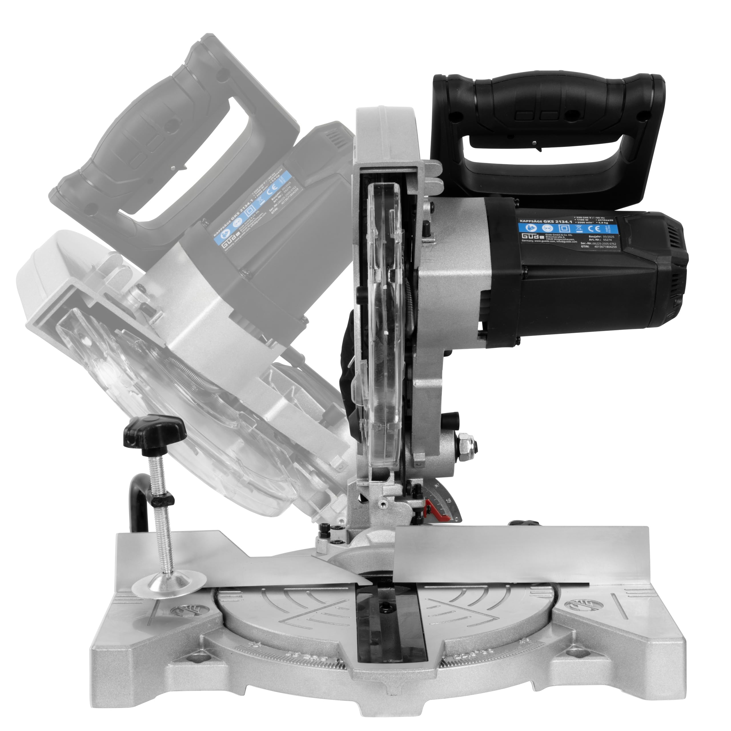 Güde Piła ukośna GKS 2134.1 (230 V, 1100 W, prędkość obrotowa silnika 5500 1/min, średnica brzeszczotu 210 mm, głowica obracana do 45°, zakres cięcia (przy 90°/90°) 60 x 120 mm, skala stopni, w