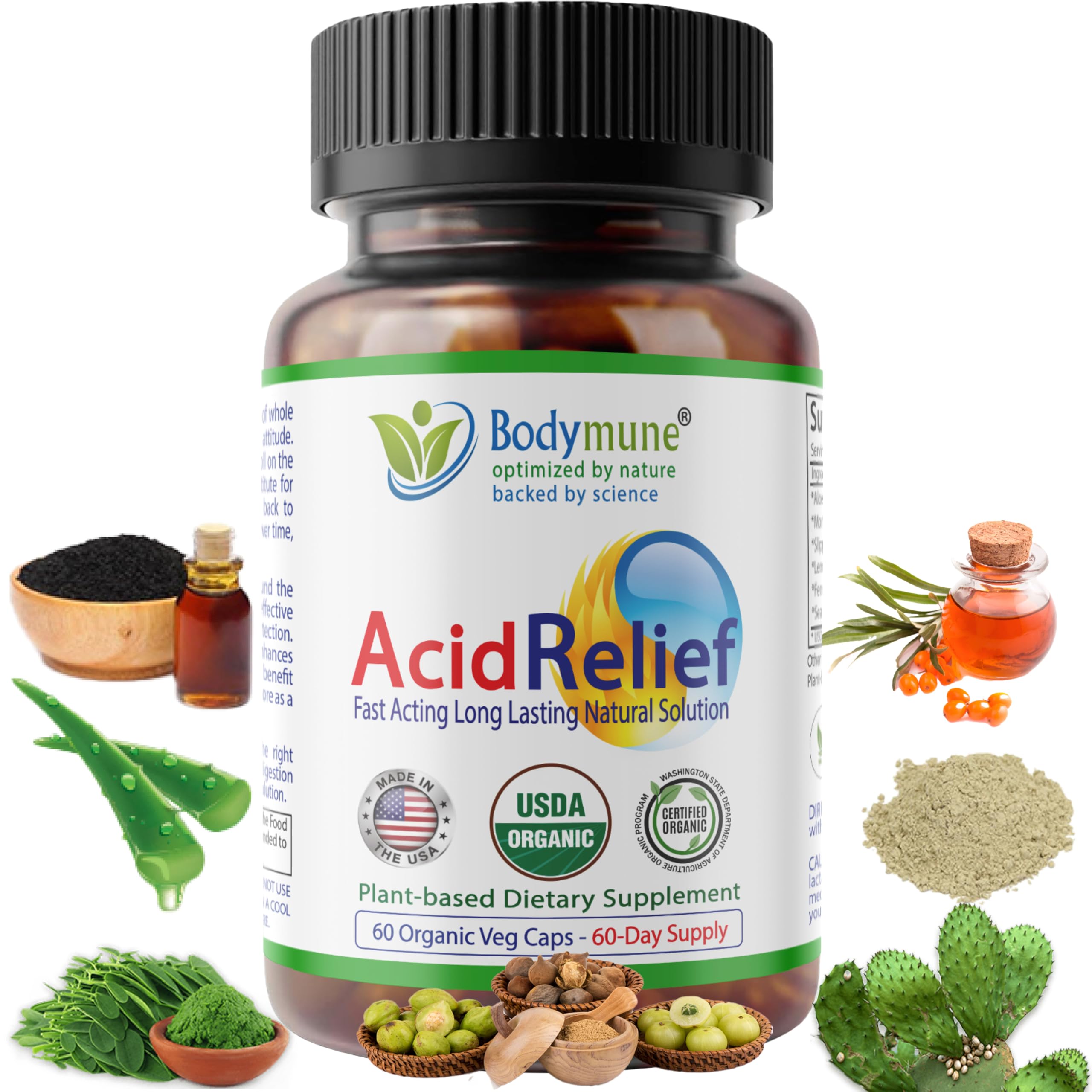 Bodymune Acid Relief, Antacid, GERD Relief, Indigestion Relief All Natural USDA Organic 100% Vegan Nutritional Support Acid Reflux Relief, Heartburn Relief, Stomachaches, Digestion Help - 60 Cap