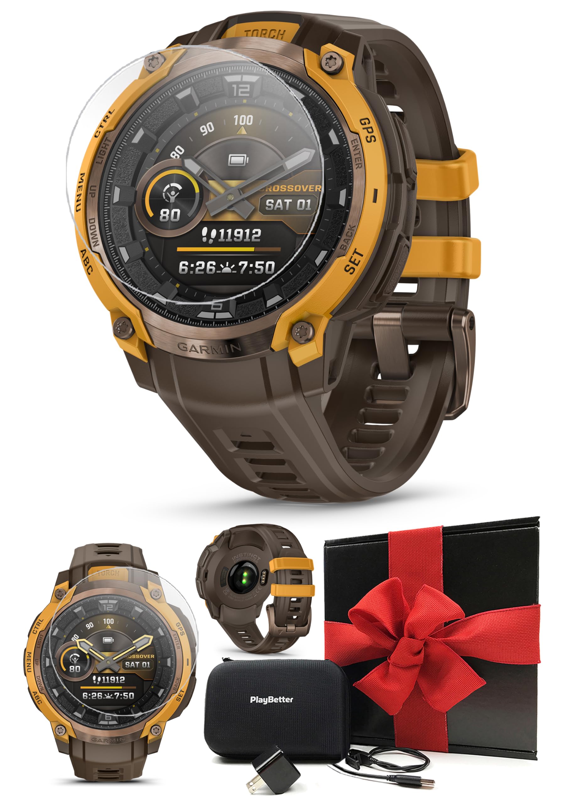 PlayBetter Garmin Instinct Crossover AMOLED (Bronze/Sunburst Cocoa) Outdoor GPS Smartwatch Gift Box Bundle - Analog Display, Built-in Flashlight HD Screen Protectors, Wall Adapter &amp; Case