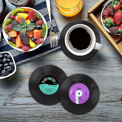 Miniatura 2 de Divertidos posavasos retro de discos para bebidas con soporte para reproductor de vinilo para amantes de la música, juego de 6 posavasos de