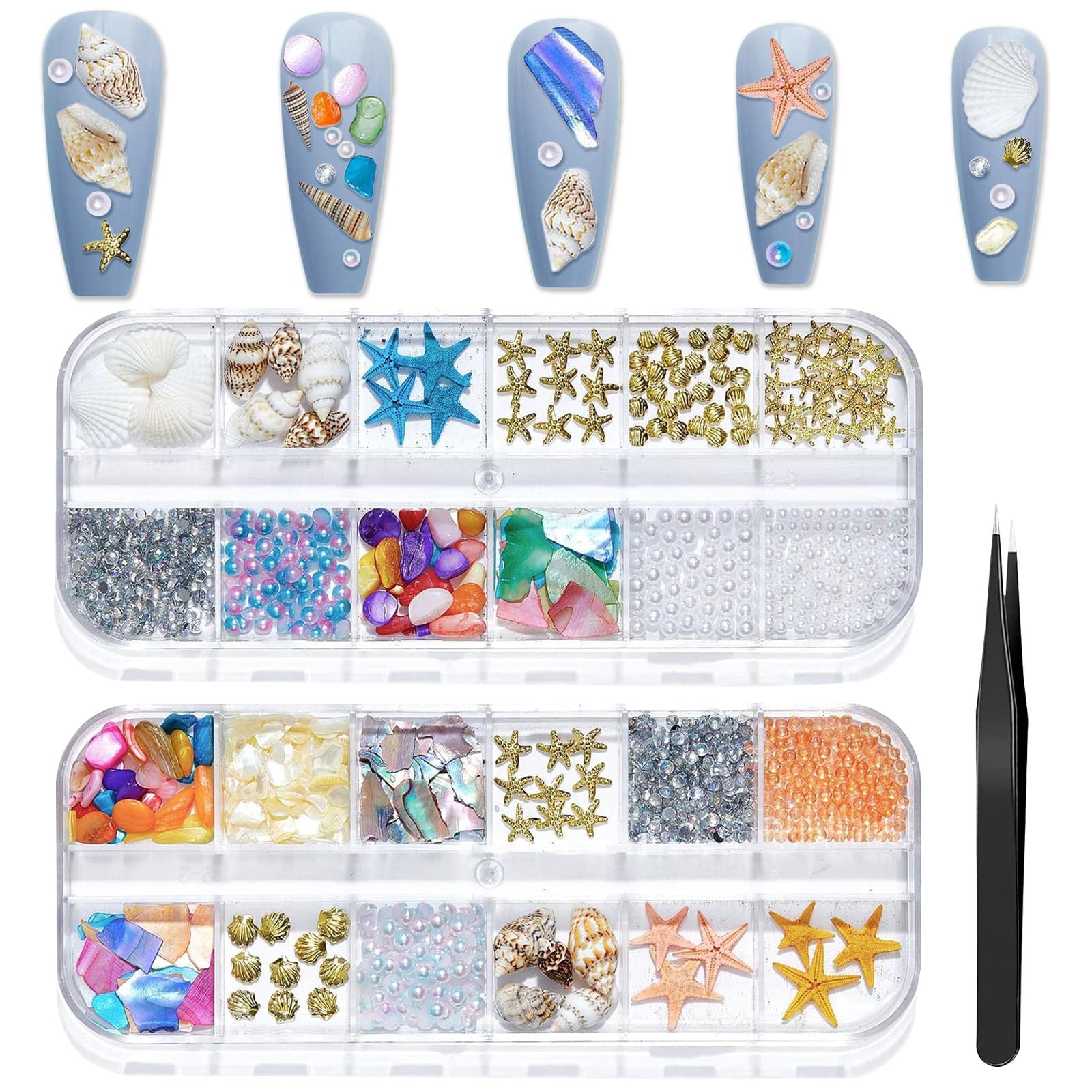Ciondoli per Unghie a Tema Oceano, 2 Scatole Strass per Unghie, Conchiglie Unghie Stelle Marine, Brillantini Decorazioni per Unghie, Diamanti per Nail Art, Perle Nail Charms per Unghie Artigianato (B)