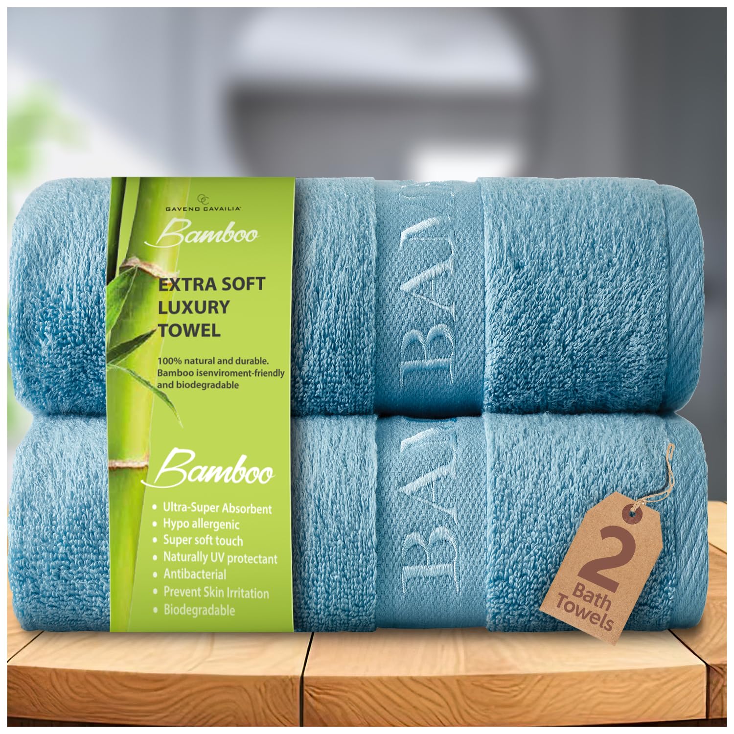 GC GAVENO CAVAILIA Bamboo Bath Towels Set | Pack of 2 Ultra Absorbent Big Bath Towels | 550 GSM Quick Drying Anti Bacterial Shower Towels | Blue 70x120 Cm โ image 1