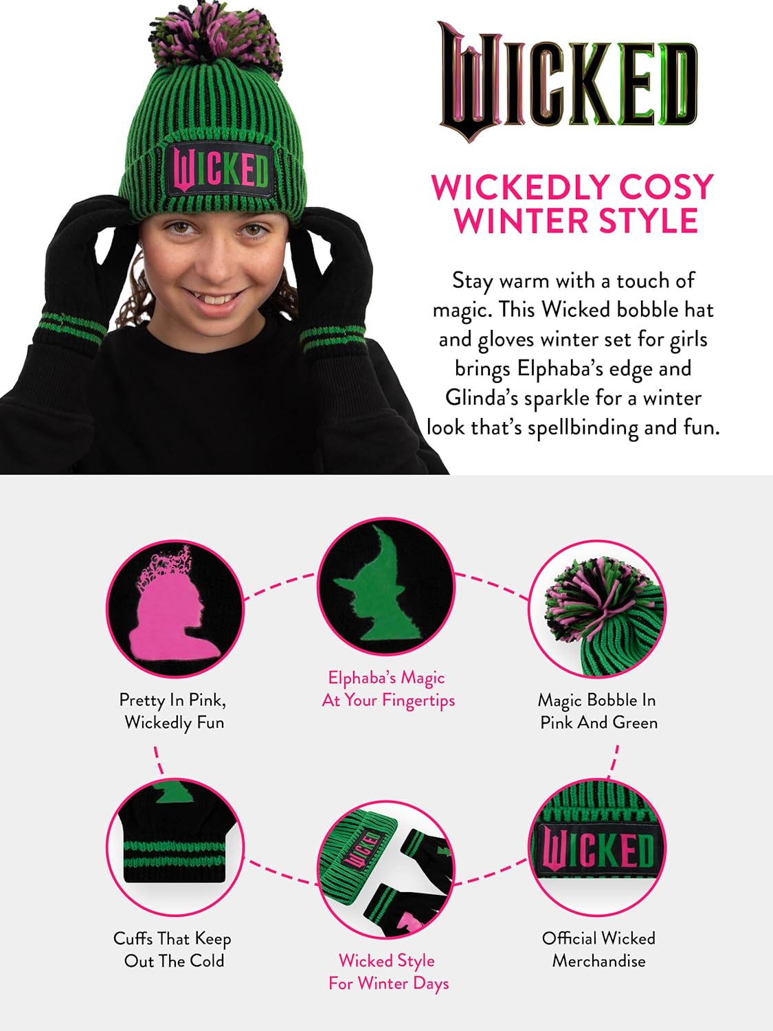 wicked Hat And Gloves For Girls, Glinda And Elphaba Kids Hat & Kids Winter Gloves, Green, One Size - Image 4