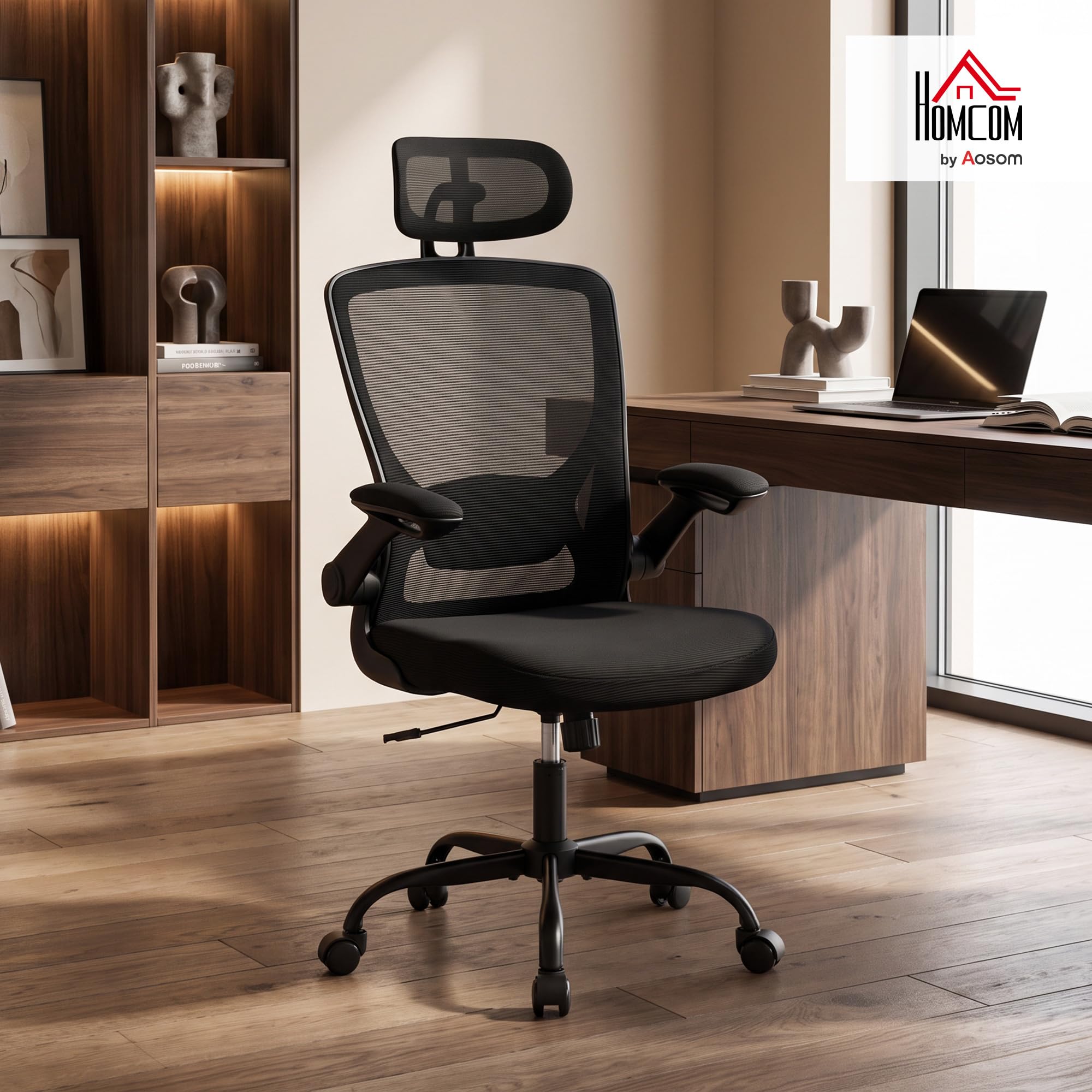 HOMCOM Sedia Ufficio Ergonomica Poltrona, Supporto Lombare Regolabile, Nera