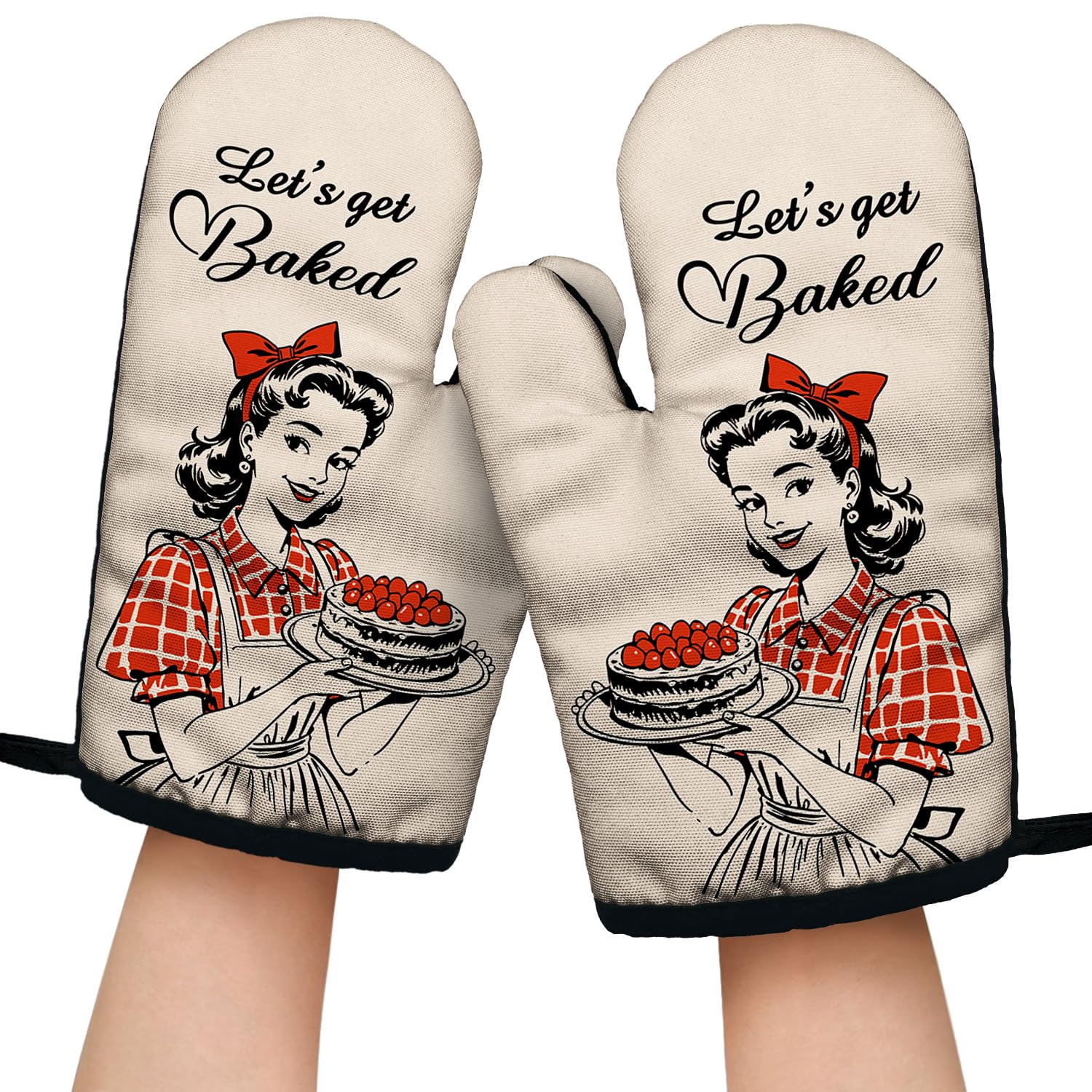 Let's Get Baked zabawne żaroodporne rękawice kuchenne z pętelką do zawieszania i silikonowym antypoślizgowym, vintage damskie przybory kuchenne do pieczenia 2-częściowy zestaw, prezenty dla miłośników