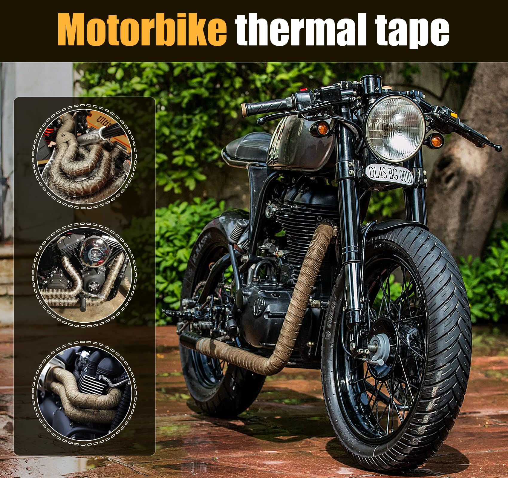 ilauke Taśma termiczna do wydechu 5 m x 50 mm, z 10 opaskami kablowymi ze stali nierdzewnej, brązowa taśma termiczna Fibre de Titane, odporna na wysoką temperaturę do 1200°C, do motocykli, samochodów