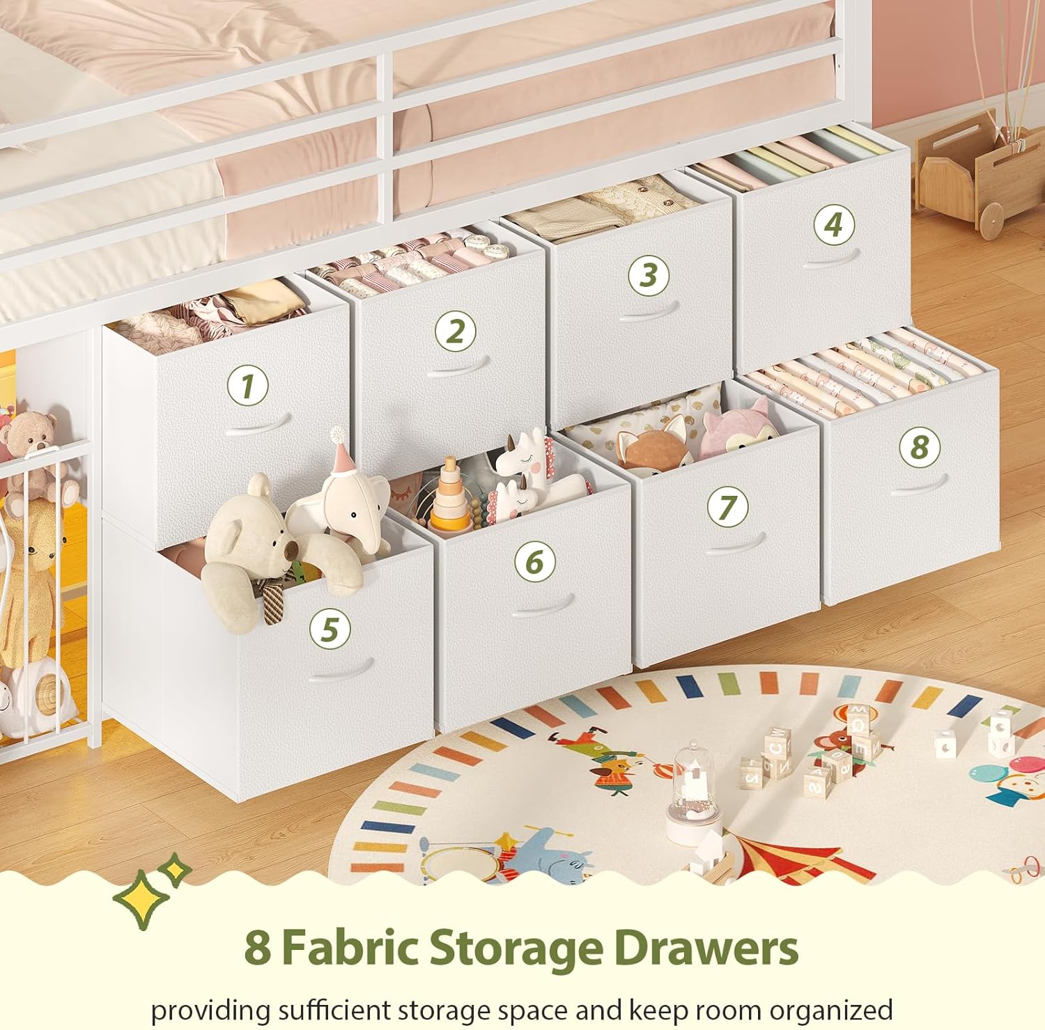 Twin Size Low Loft Bed with RGB Lights & Play Zone, 8 XL Drawers, Kids Play Loft with 2-Step Ladder & Anti-Tip Kit (White)