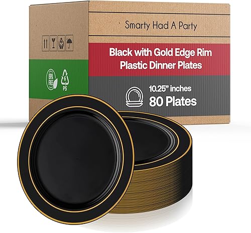 Smarty Had A Party Juego de vajilla de plástico, paquete de 80 unidades, color negro con borde dorado, platos dorados desechables de 10.25 pulgadas,