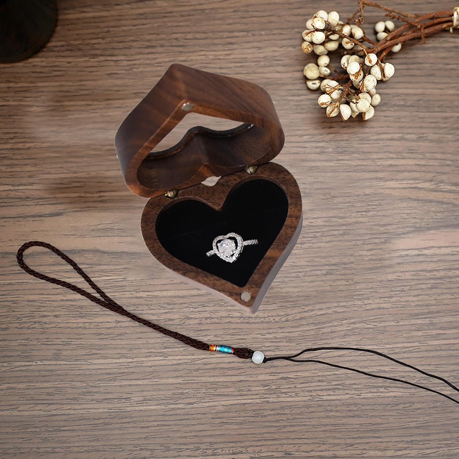 Heart-shaped Ring Box, Wooden Ring Jewelry Box with 2 Slots, Romantic Wedding Ring Holder with Transparent Cover, for Rings, Earrings, Engagement Ring Box for Anniversary, Proposal (Black) image 3