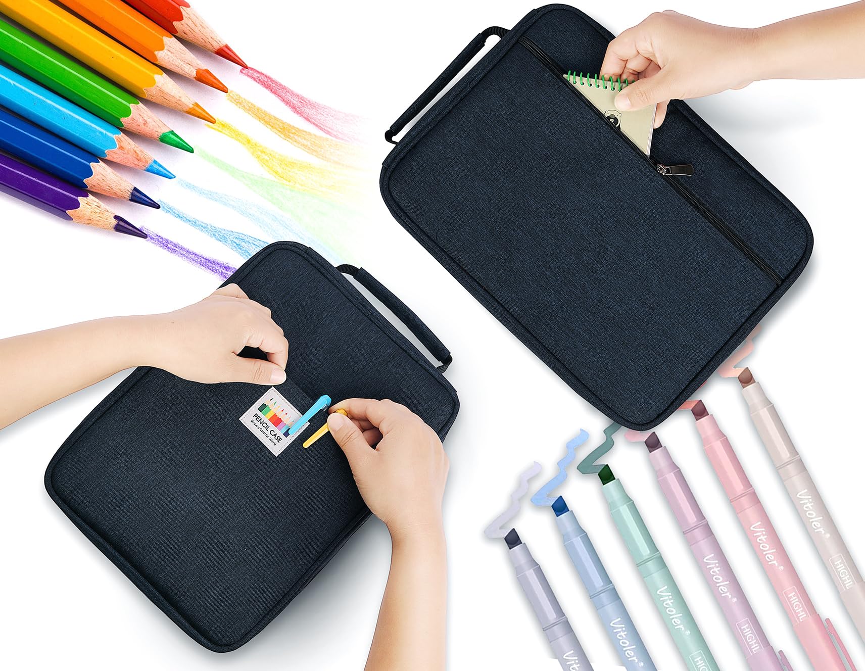 JAKAGO Trousse de Rangement Grande Capacité avec 90 Poches Élastiques – pour Jusqu'à 270 Crayons, Crayons de Couleur ou Stylos Gel – Idéal pour Les Artistes (Bleu)