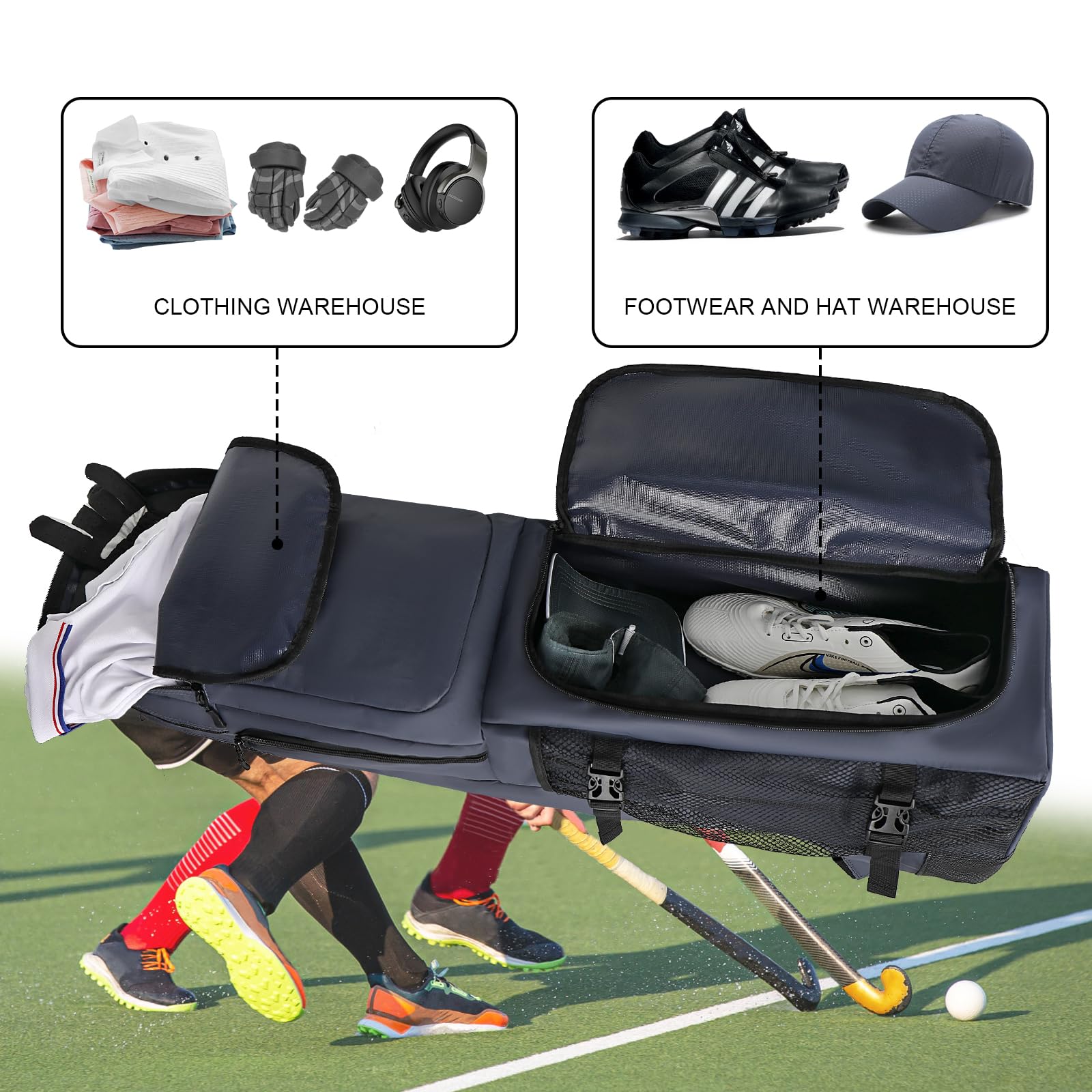 Goloni Feldhockey-Tasche aus Leder mit 4 Schlägern, Rucksack mit unabhängiger Schuhtasche und mehreren Taschen, passend für alle Feldhockey-Ausrüstung