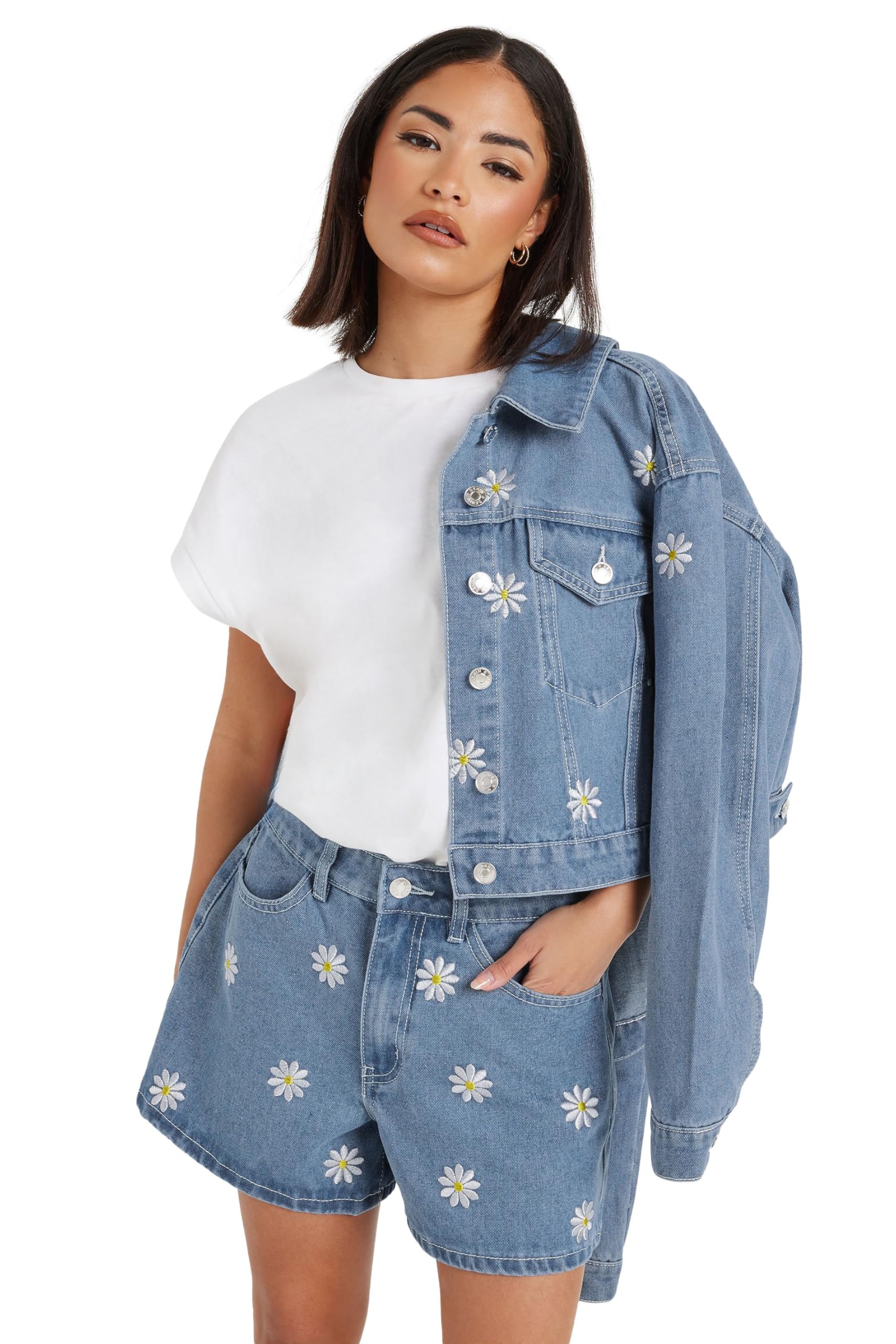 Pixiegirl Women's Blue Petite Daisy Embroidered Shorts In | Size: 12