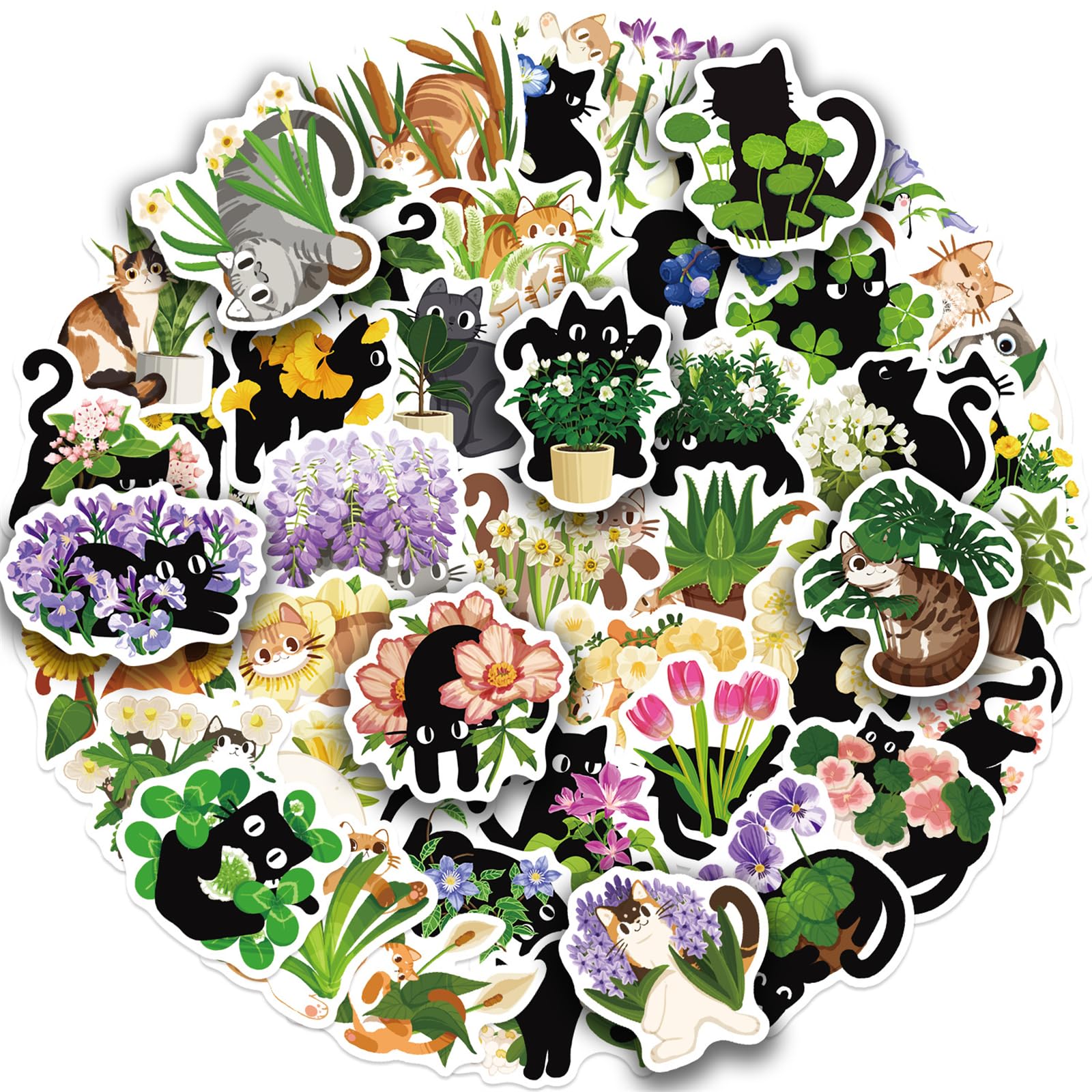 50pcs Cartoon Cat and Plant Stickers,Cute Black Cat and Flower Sticker Waterproof for Laptop Water Bottles Scrapbook Skateboard Guitar Kawaii Deals for Kids Teens and Adults (CAT Plant)