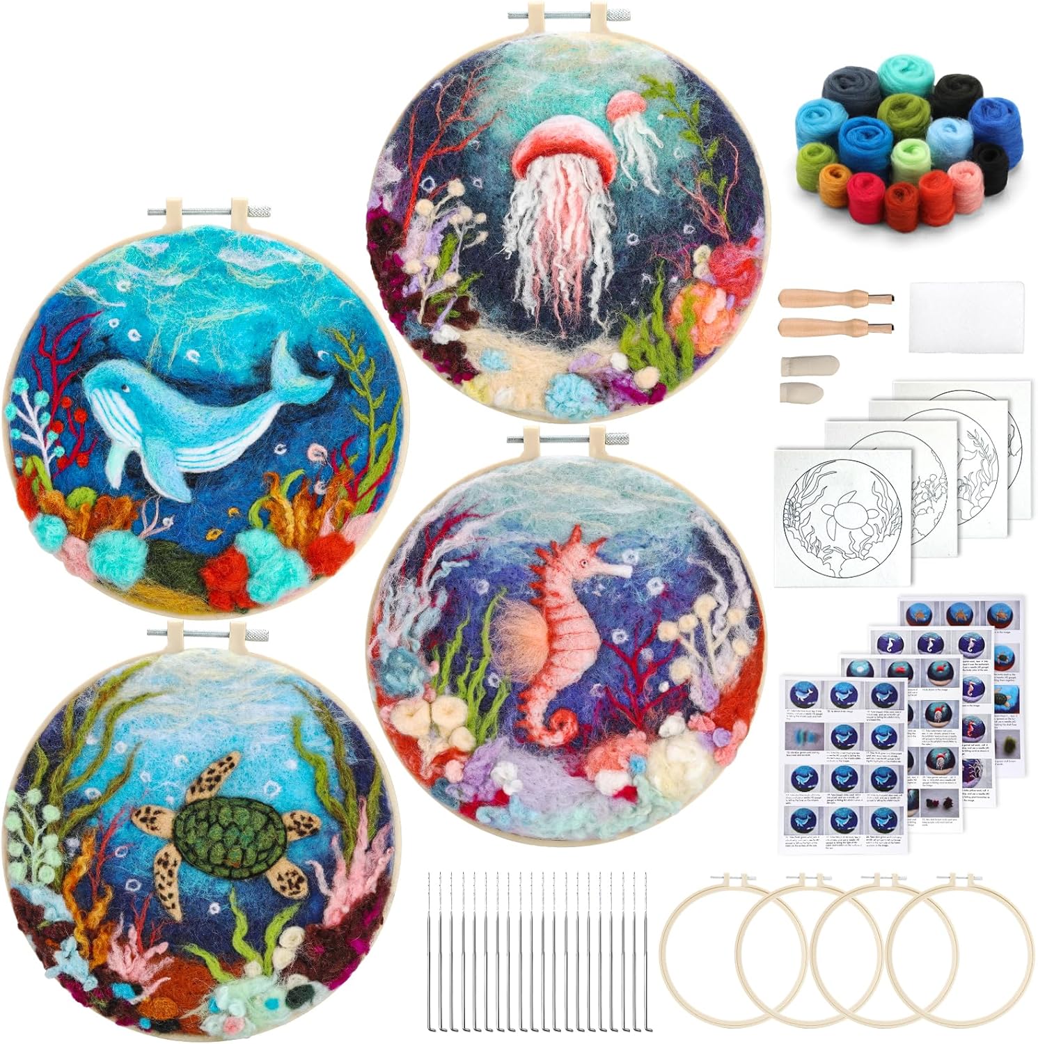 Fedmut Needle Felting Kit, Wool Felting Kit for Beginners Adult with Wool, Needles, Foam Pad, Felt Cloth and Instructions – 4 Set Sea Animals Painting Frame for Great Gift Decoration