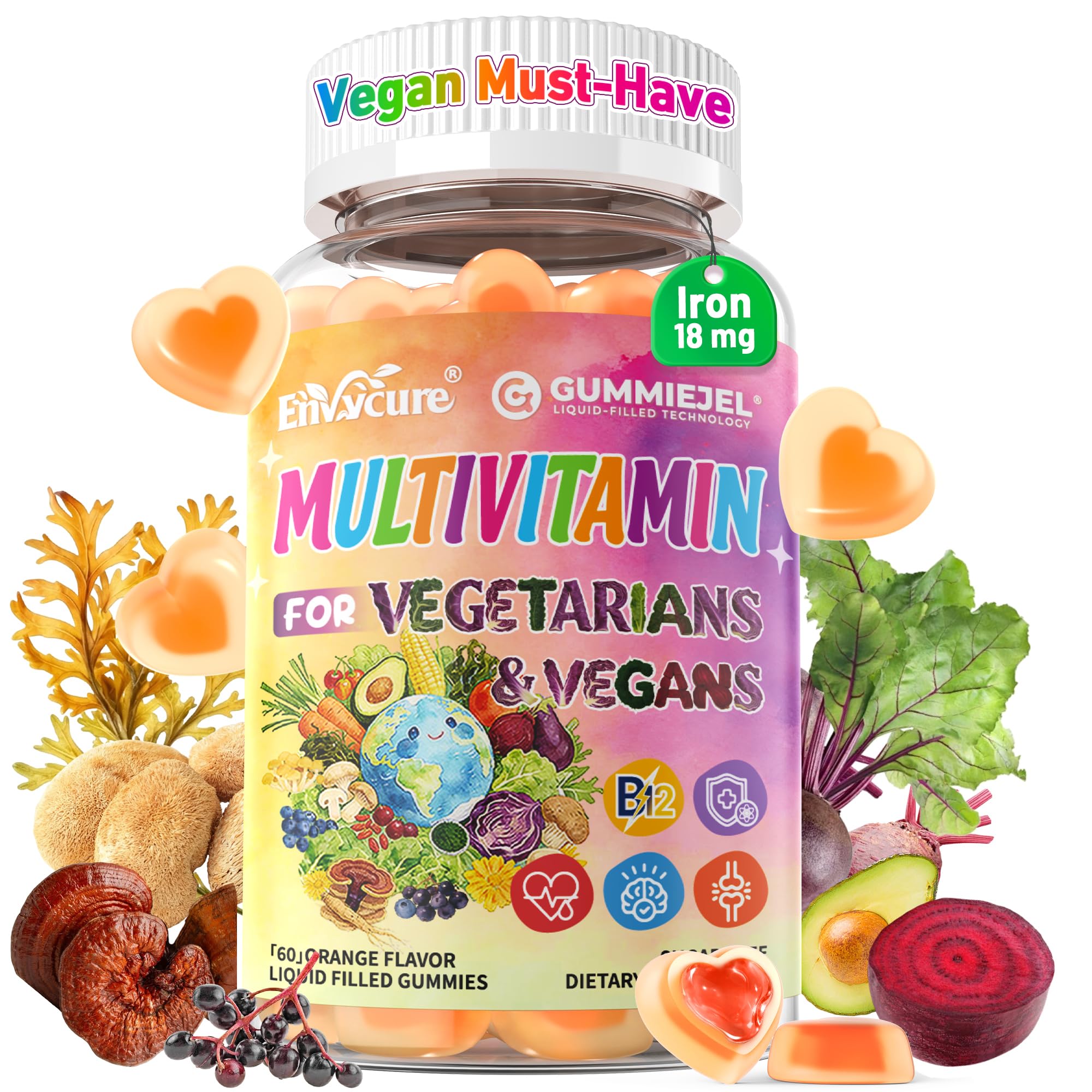 Envycure 41-in-1 Vegan Methylated Multivitamin Gummies for Women Men w/Iron, B12 D3, Omega 3, Daily Vitamins for Adults, Fill Nutrient Gaps for Vegans & Vegetarians, Energy, Brain, Immune, Antioxidant