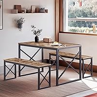 Vista 1 de VECELO Mesa de Cocina con 2 Bancos para 4, Juegos de Comedor de Madera de 43.3'' con Marco de Metal en X para Rincón de Desayuno y Espacio Pequeño