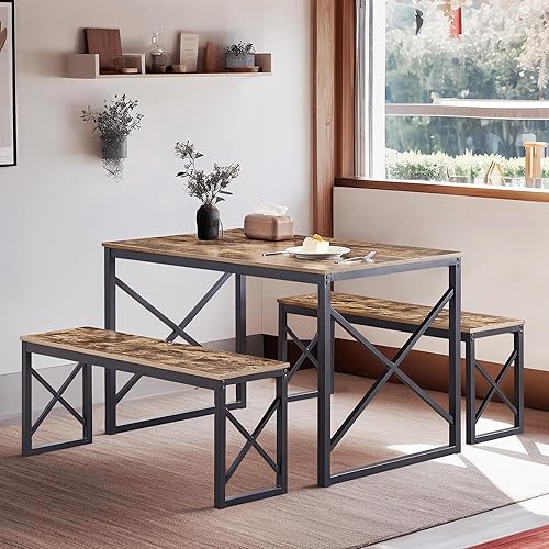 VECELO Mesa de Cocina con 2 Bancos para 4, Juegos de Comedor de Madera de 43.3'' con Marco de Metal en X para Rincón de Desayuno y Espacio Pequeño,