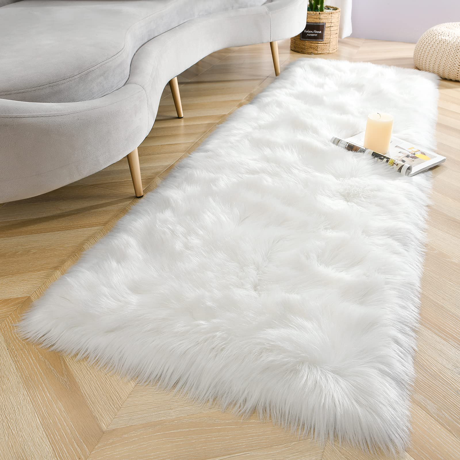 LOCHAS Soft Fluffy Faux Fur Rugs for Bedroom Bedside Rug 2x5 Feet, Washable, Furry Sheepskin Area Rug for Living Room Girls Room, Luxury Shag Carpet