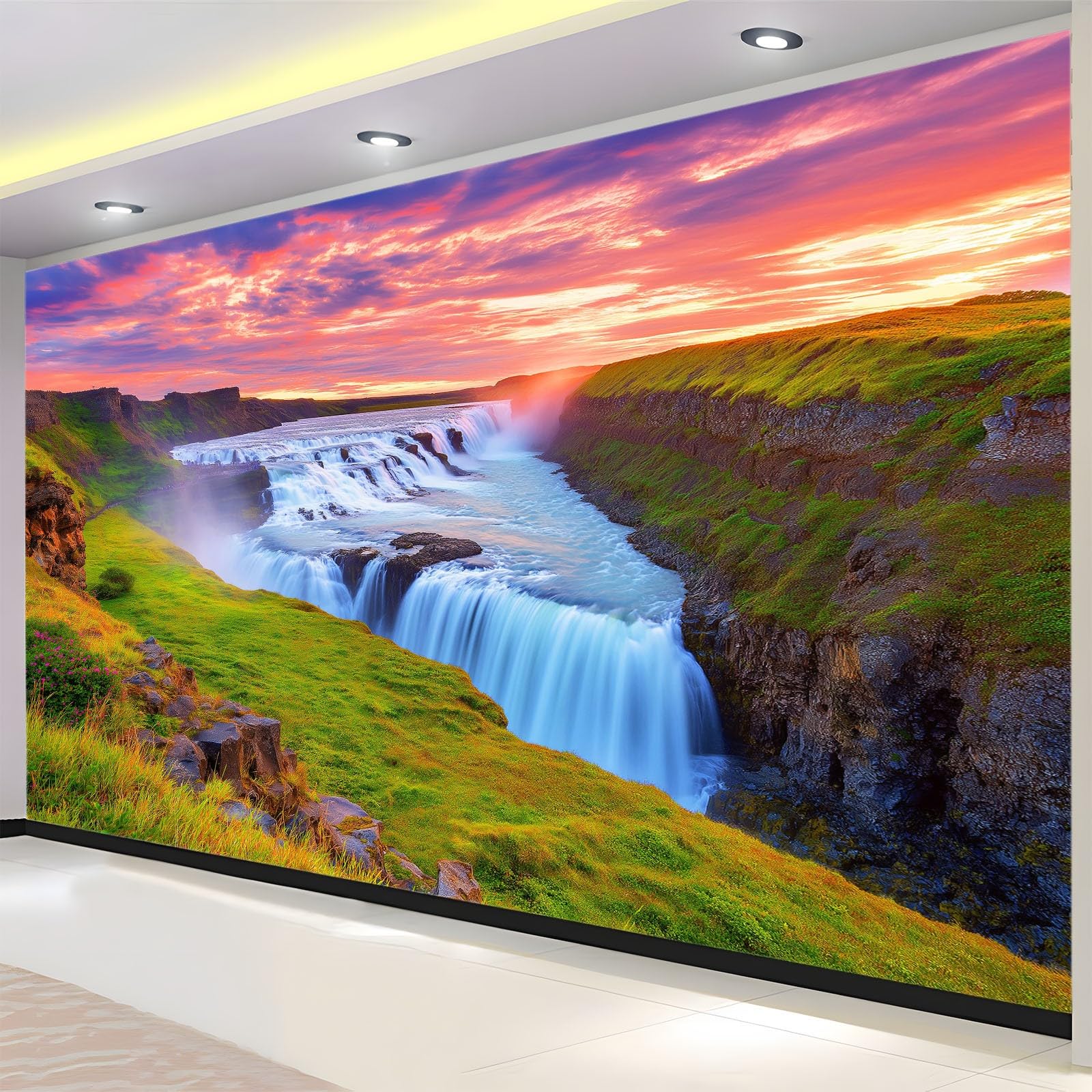 Fototapeta 3D 300 x 210 cm - wielokolorowa włóknina tapeta ścienna do salonu i telewizora biura - dekoracja XXL niesamoprzylepna natura wodospad chmura ogień łąka
