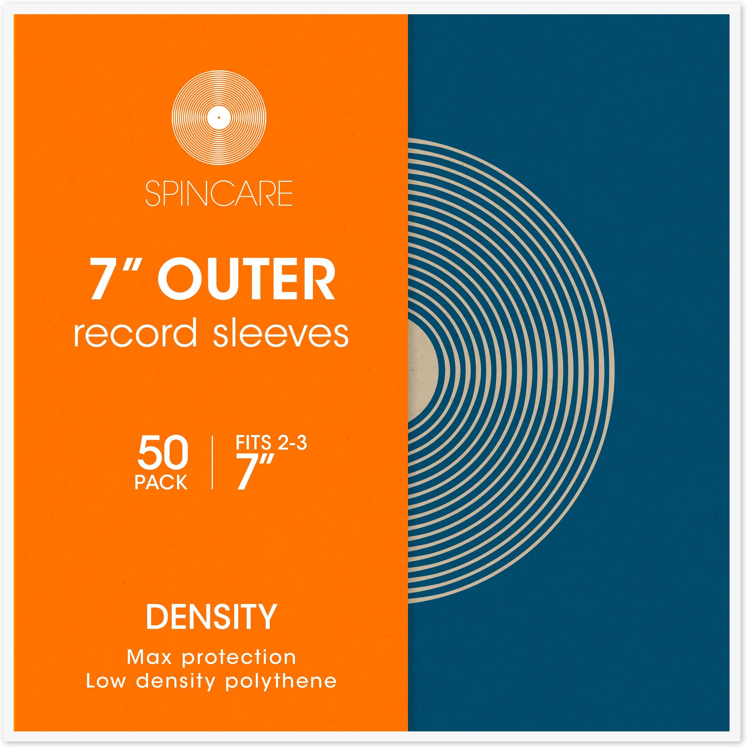 SPINCARE 50x 7 Inch Outer Vinyl Record Sleeves | DENSITY Covers Fit 7" Singles EPs & 45s | Premium Quality Protective Polythene Sleeves | UV Resistant Plastic | 400 Gauge 100 Micron 191mm x 191mm