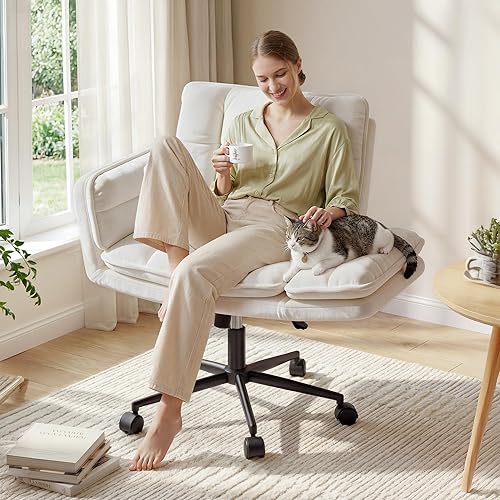 Miniatura 8 de Silla cruzada con ruedas, silla de tocador de felpa con reposabrazos ajustables, silla de oficina ergonómica para dormitorio, sala de maquillaje y