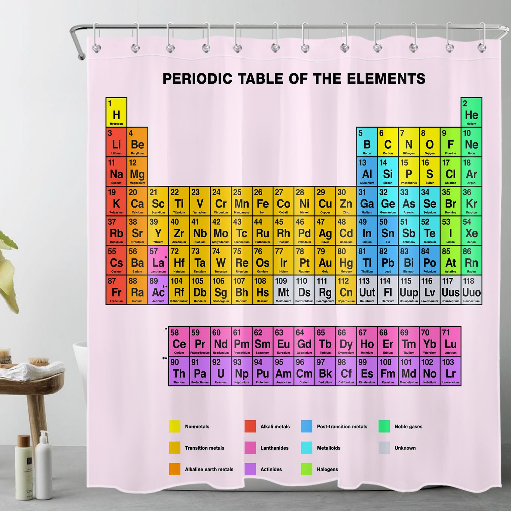 LB Periodic Table of Elements Shower Curtain Pink Background Shower Curtains for Bathroom Polyester Anti Mould Waterproof Curtain Set with Hooks Poster for Chemistry Student Teacher,78Lx71W inches