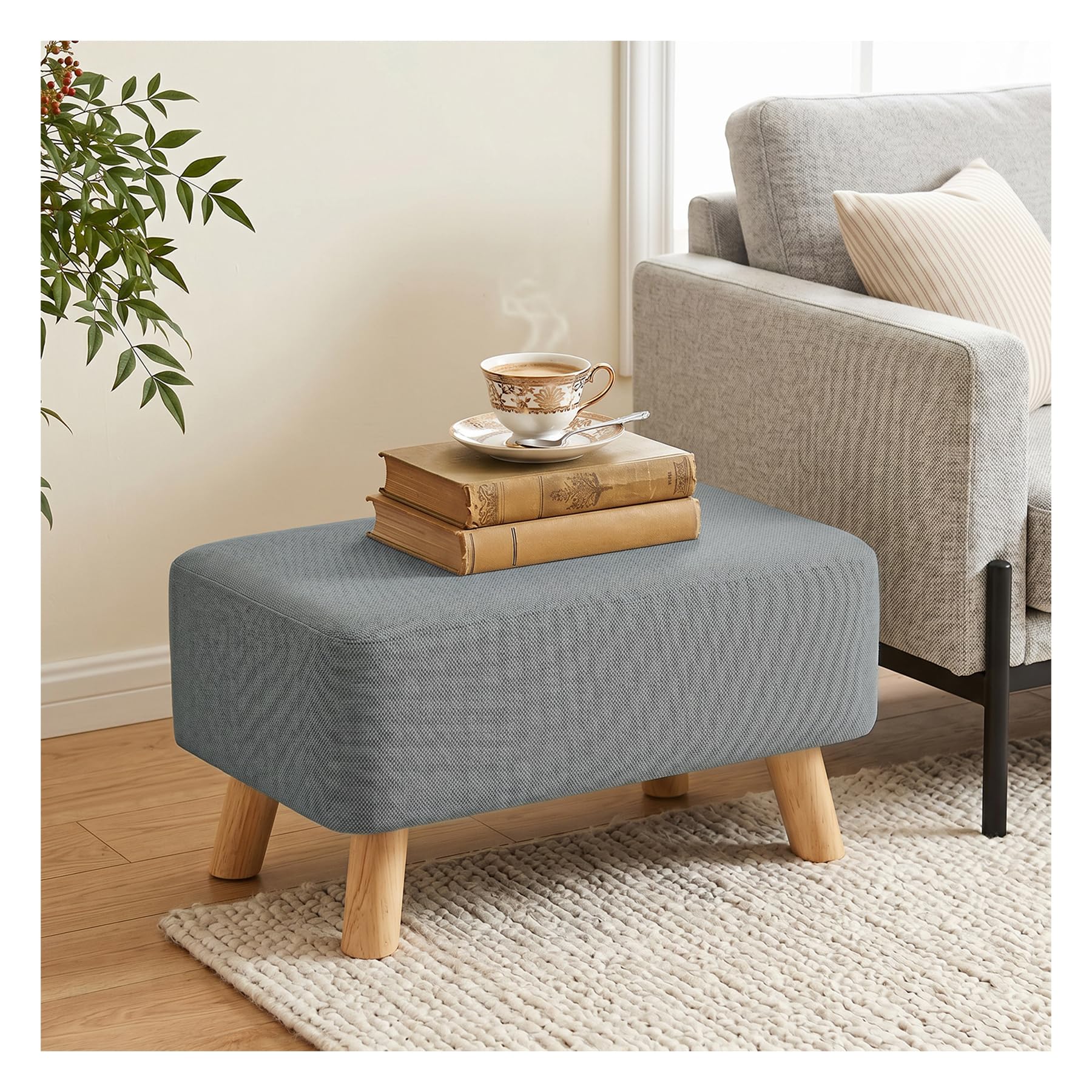 INMOZATA Linen Fabric Footstool, 57x28x26cm Rectangle Upholstered Foot Rest Change Shoe Foot Stools with Wooden Legs for Living Room Bedroom (Light Grey)
