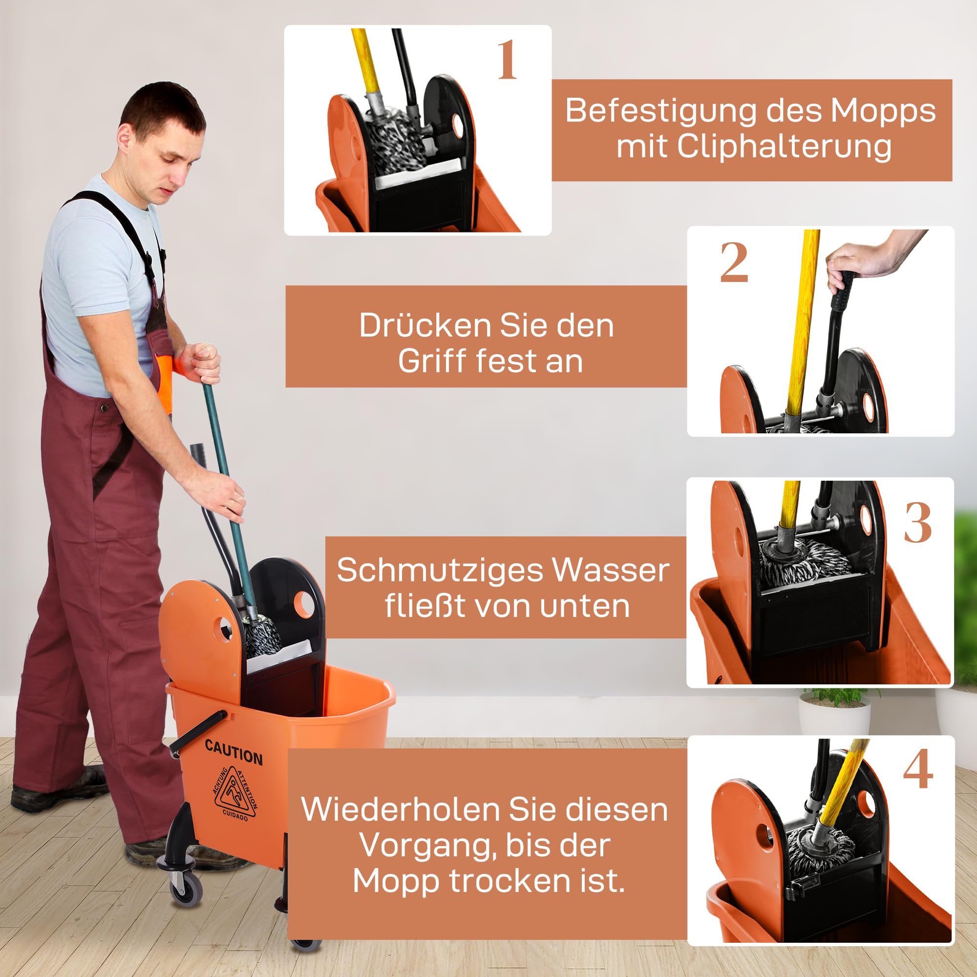 HOMCOM Professioneller Reinigungswagen 26L Abnehmbare Wringer mit Rädern 44×36×90cm Orange