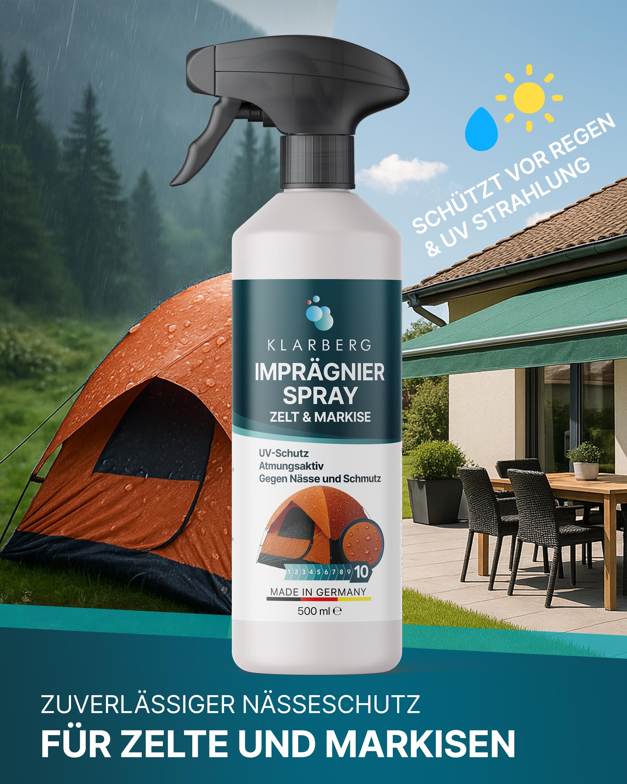 KLARBERG Impregnacja pawilonu i namiotu, spray impregnujący, namiot, markiza i pawilon – oddychająca uszczelka powierzchni i szwów do namiotów – spray impregnujący na zewnątrz – biodegradowalny