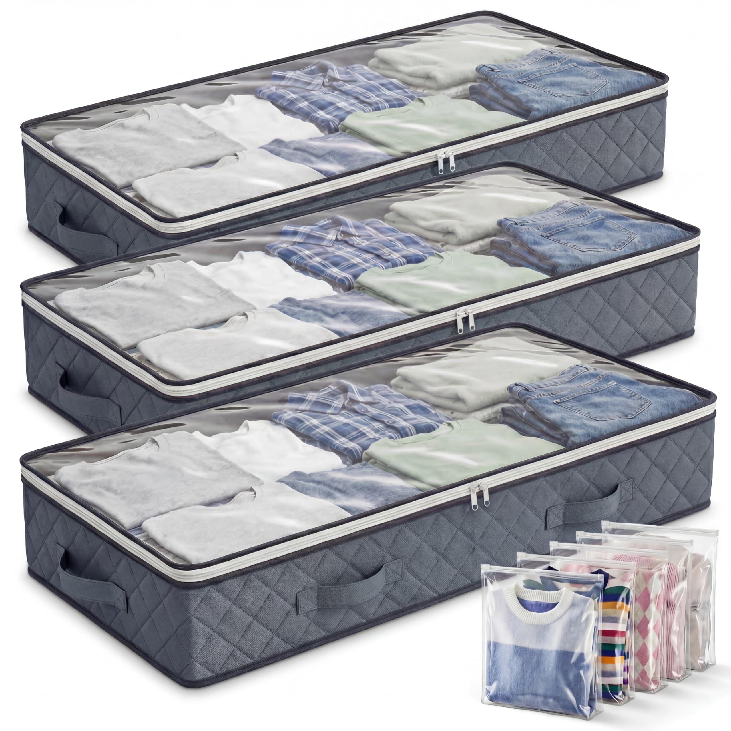 Barpre 3-Pack 90L Under Bed Storage Bags (100x50x18cm) for Duvets, Bedding & Clothes, Heavy Duty Breathable Fabric Organiser Box with Reinforced Handles, Clear Window & 6 Bonus Travel Sacks, Grey
