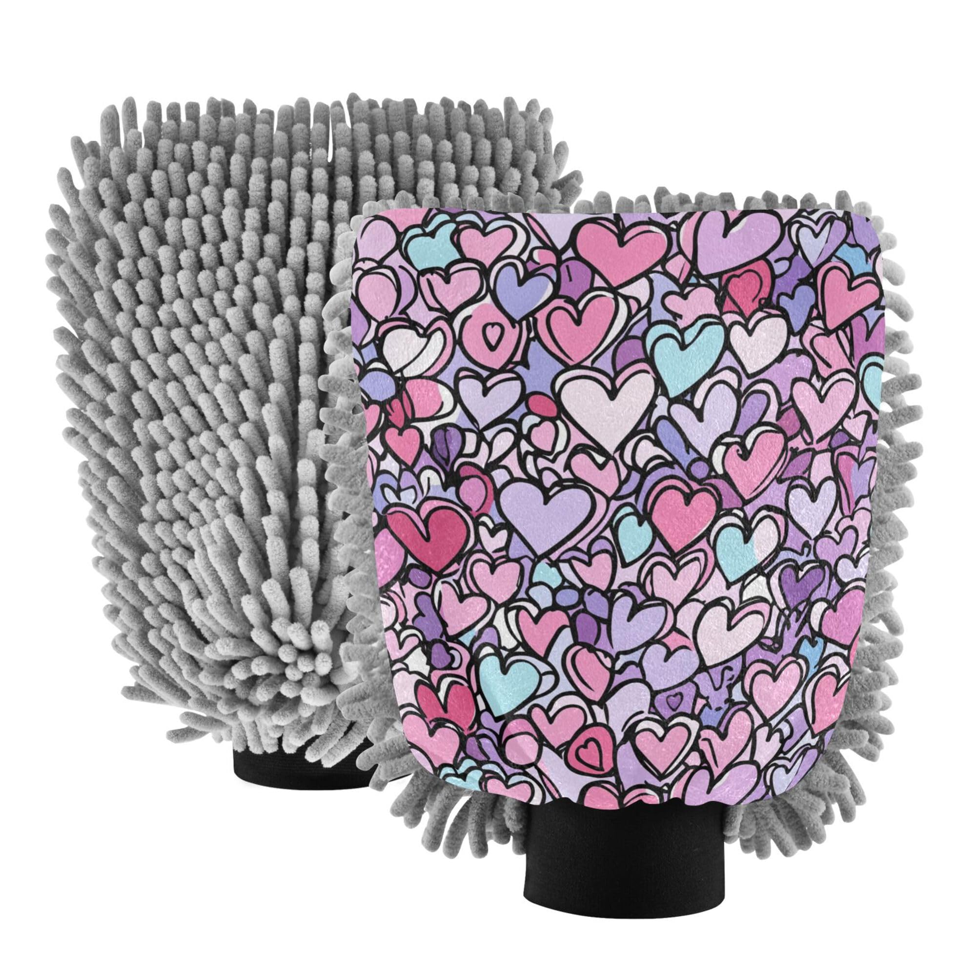 Cartoon Cute Love Hearts Wash Mitt Microfiber 2 Pack Car Washing Gloves Non Scratch Clean Sponges for Hand Brush Cleaning