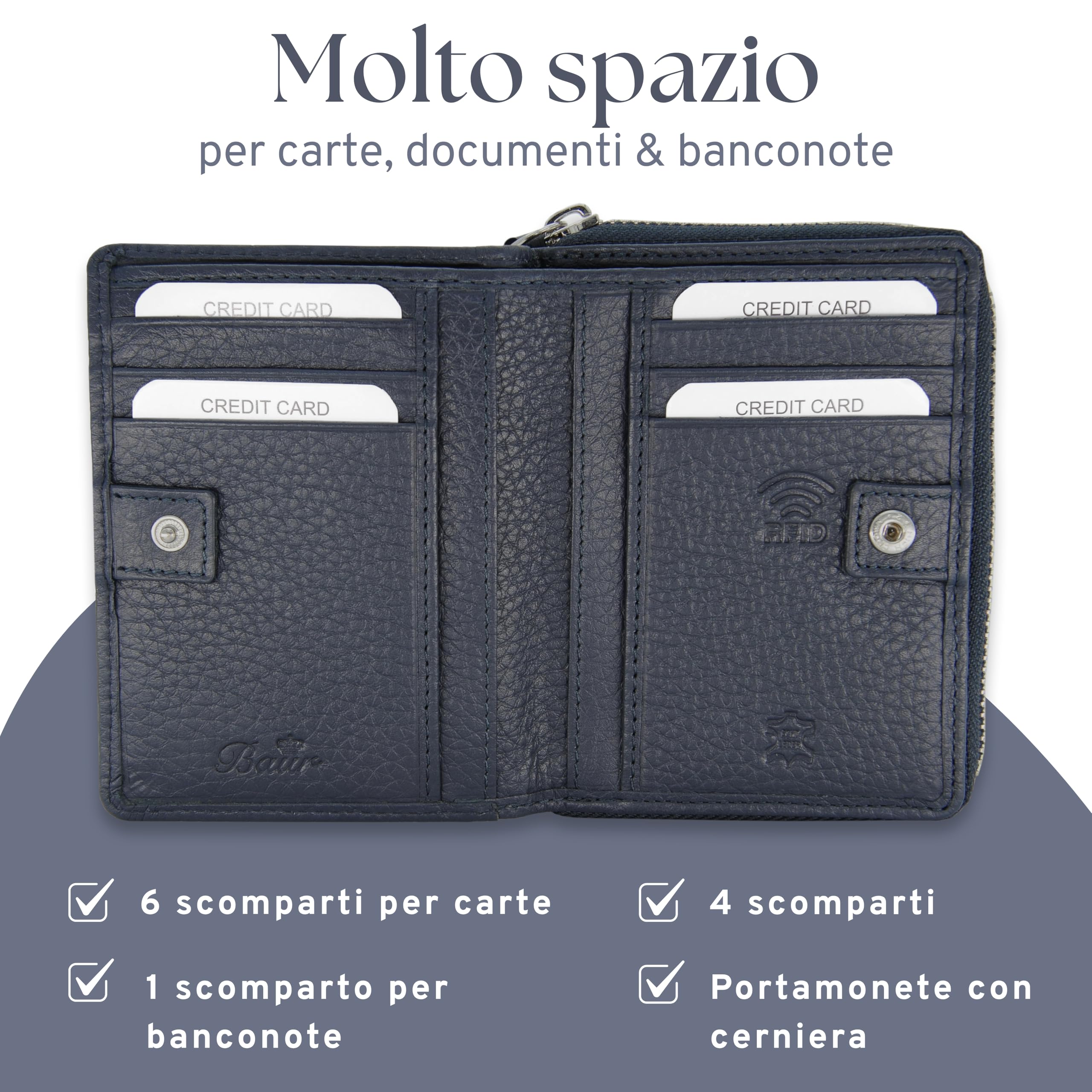 Baur portafoglio da donna – vera pelle con protezione RFID – portafoglio piccolo con 6 scomparti per carte – chiusura a bottone a pressione & tasca portamonete con cerniera (Blu scuro)