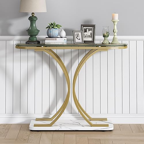 Miniatura 4 de O&K FURNITURE Mesas de consola doradas para entrada, mesa de entrada de vidrio con marcos curvos y base de mármol, moderna mesa de sofá de vidrio