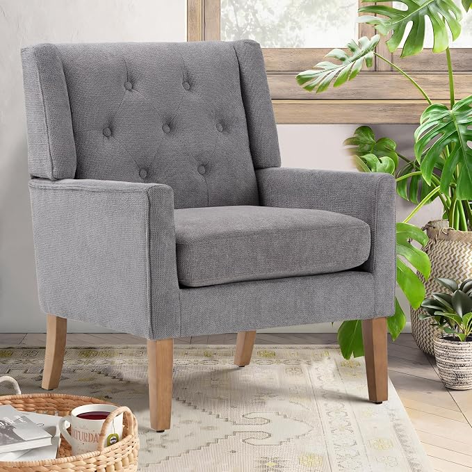 COLAMY Mid-Century Accent Chairs, Modern Wingback Living Room Chair, Upholstered Armchair with Button Tufted Back and Wood Legs for Bedroom/Office/Reading Spaces, Grey