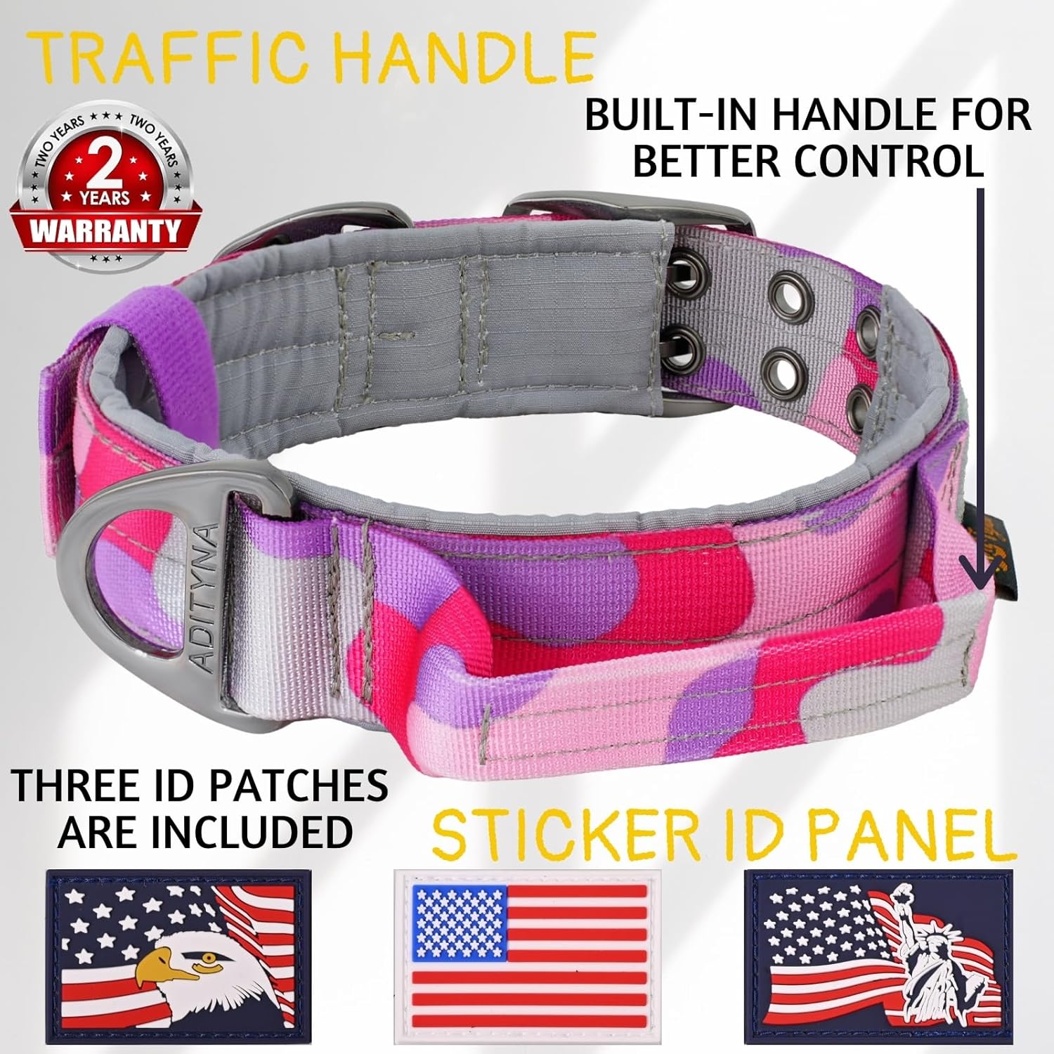 ADITYNA Heavy Duty Dog Collar for Large Dogs - Camo Pink Purple Collar with Handle for Training, and Walking - Wide, Tactical, Soft Neoprene Padded