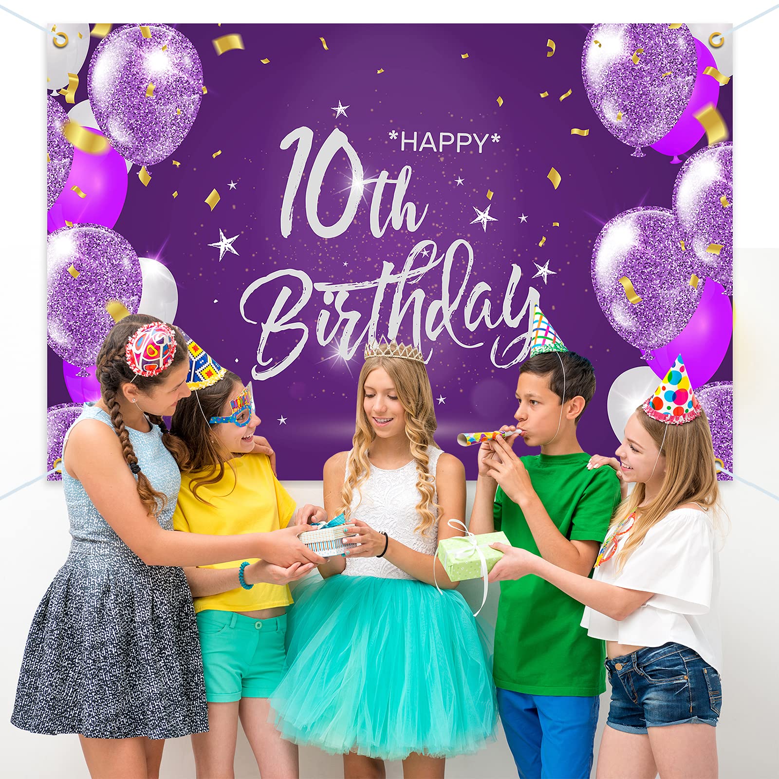 HAMIGAR Baner "Happy 10th Birthday", 10 lat, dekoracje urodzinowe, artykuły imprezowe dla dziewcząt, 1,8 x 1,2 m, fioletowy