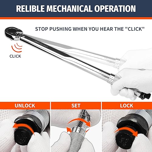 Miniatura 5 de PRIDE&CRAFT Llave dinamométrica de clic de 12 pulgada, 10-150FT-LB13.6-203.5Nm, llave dinamométrica profesional de 72 dientes, llave dinamométrica