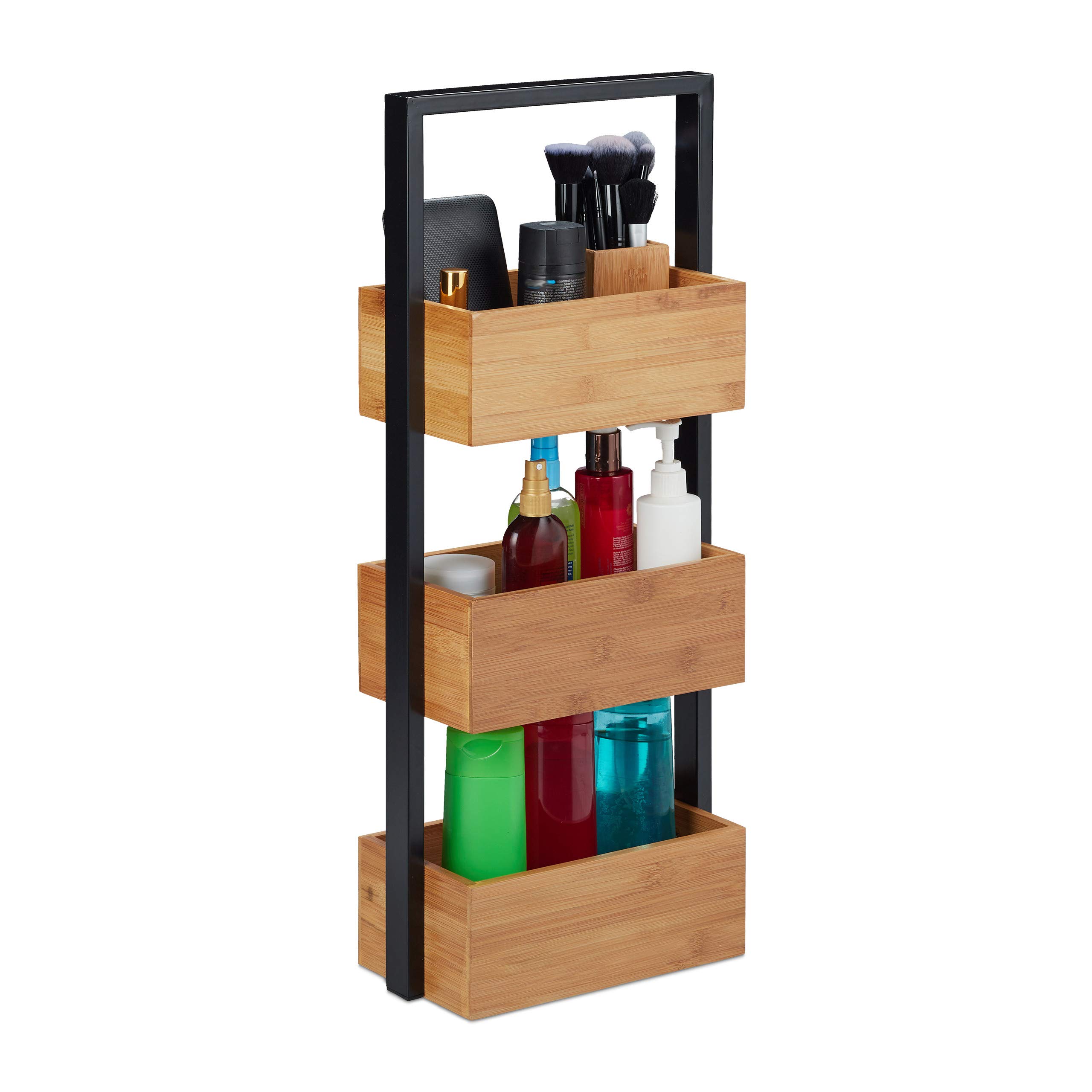 Relaxdays Bamboo Bathroom Shelf Unit, 3-Tier Basket Rack for Bathroom & Kitchen, Metal, 67x28.5x15 cm, Natural