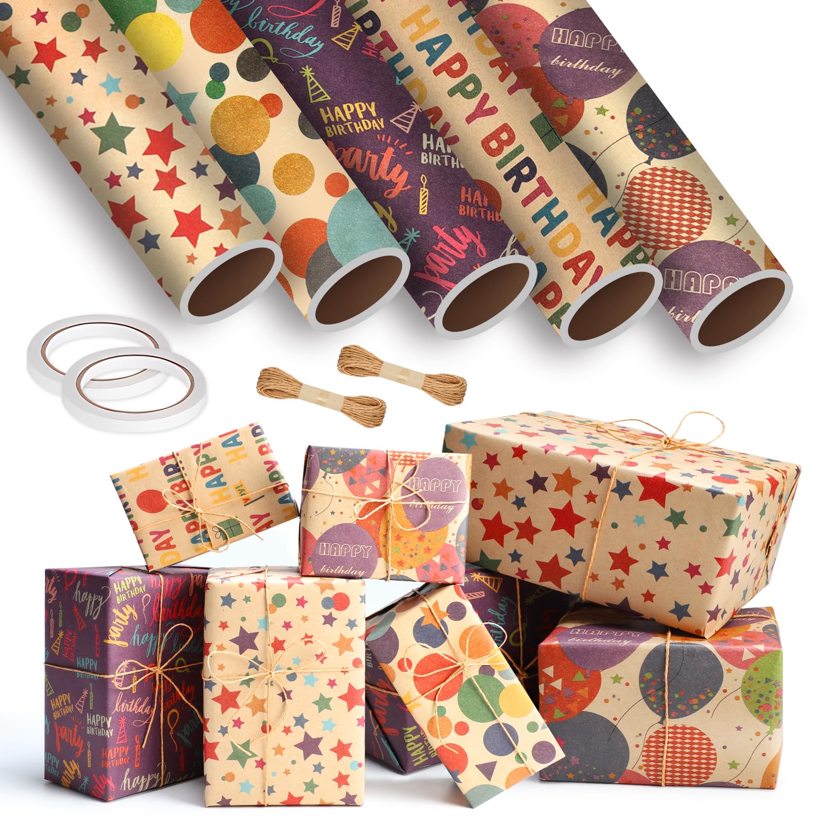 JeTuvlie Geschenkpapier Geburtstag, 5 Rollen Kraftpapier Ges