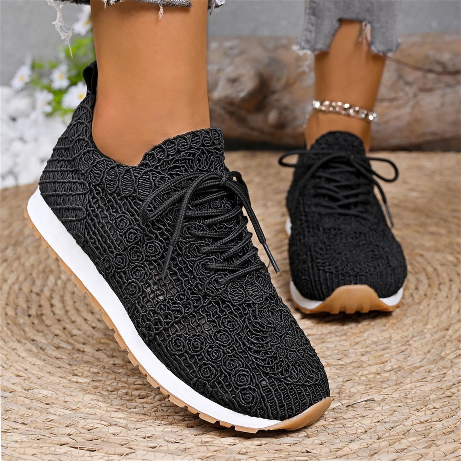 Chaussures Running Femme Baskets de marche tendance en pour femmes – Chaussures décontractées légères et respirantes en dentelle avec semelle coussinée et en souple – Baskets à lacets élégantes pour
