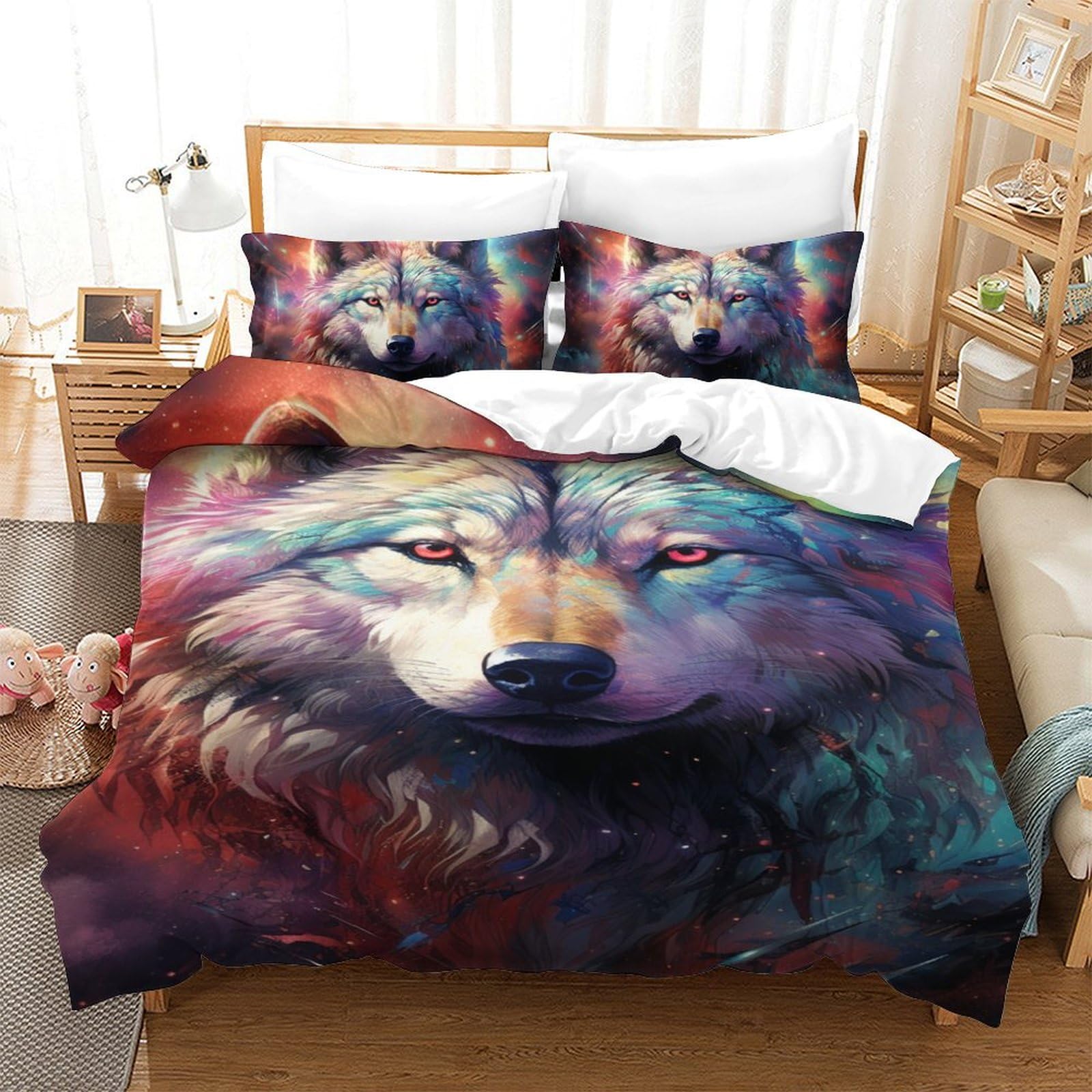 Housse de couette loup 140x200 cm avec 2 taies d'oreiller zippées pour enfant