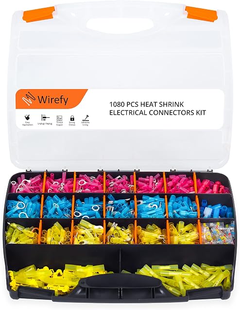 Wirefy Heat Shrink Wire Connectors Kit - Marine Grade Electrical Connectors - Automotive Butt Connectors - Insulated Ring, Spade, Fork, Hook, T-Tap Crimp Terminals - 22-10 Gauge - 1080 PCS