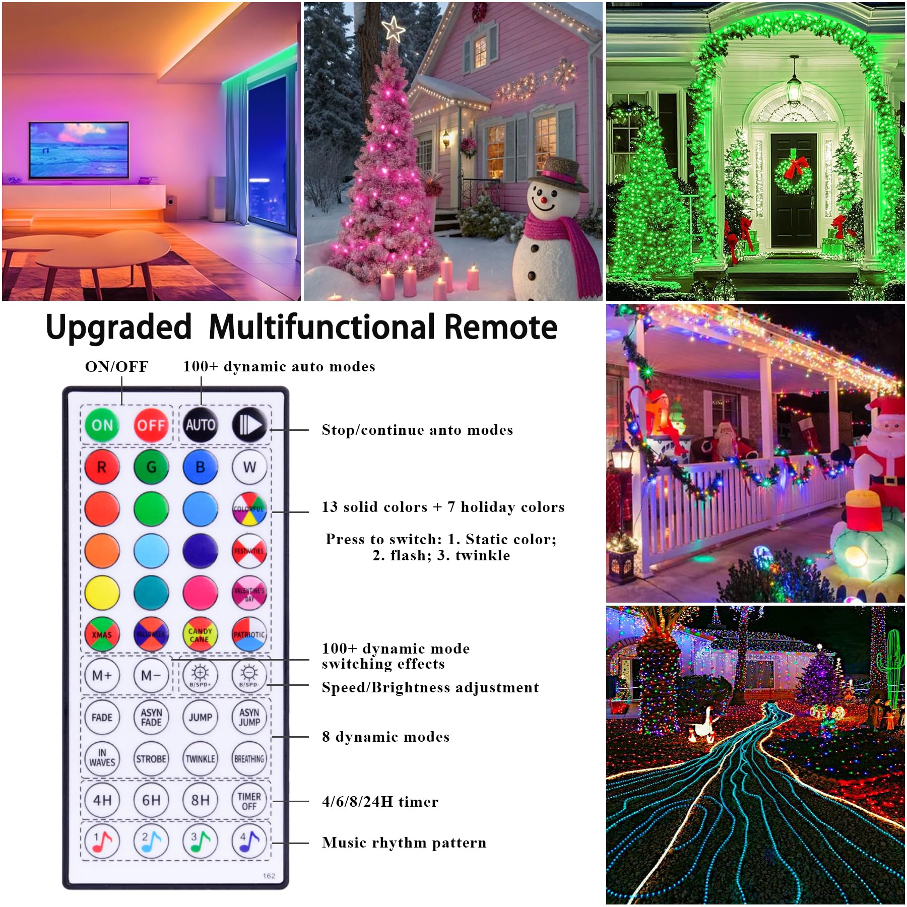 Guirnalda de luces para exteriores que cambian de color, 49 pies, 150 LED, impermeable, con control remoto y aplicación, sincronización de música, iluminación navideña para exteriores