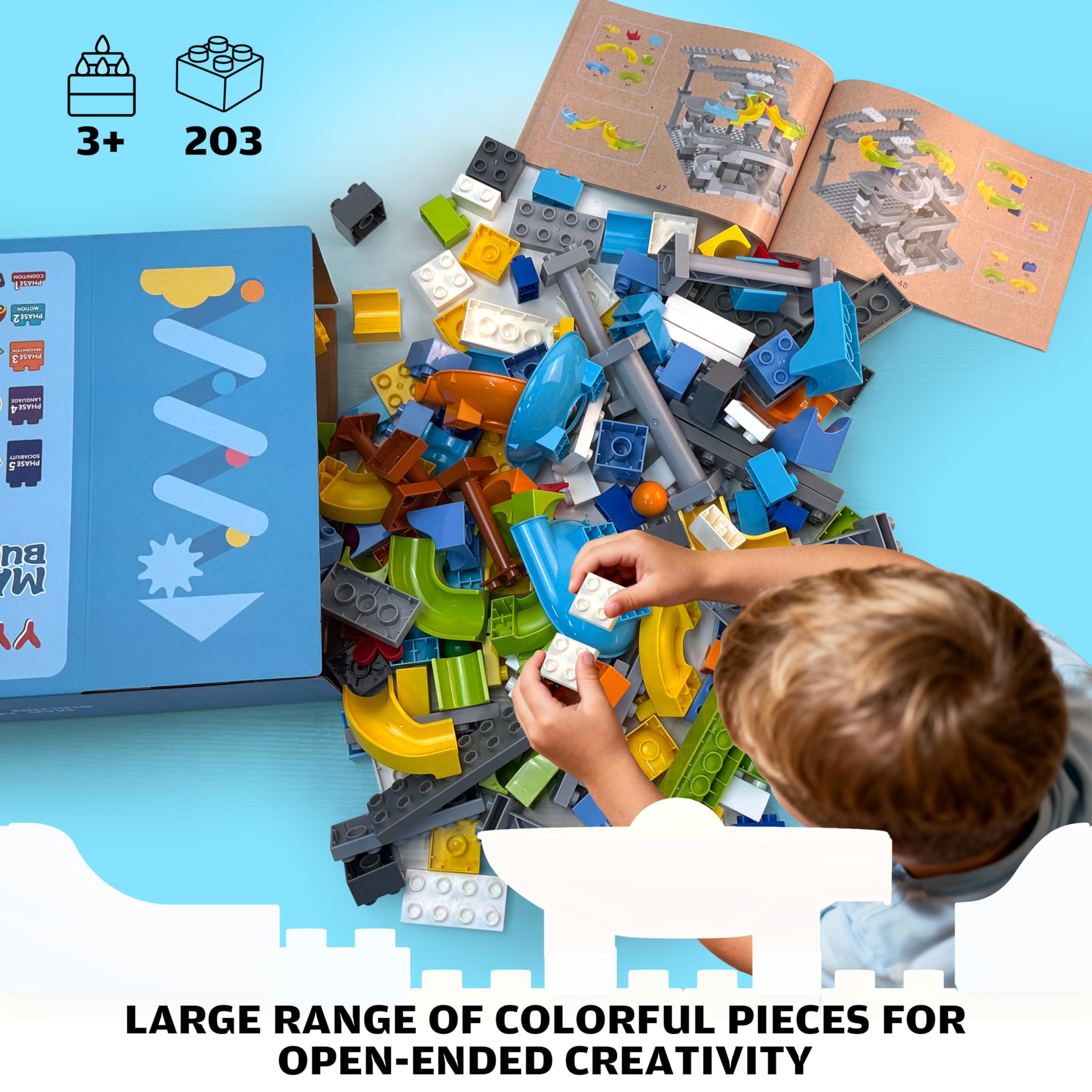 3in1 Marble Runs for Kids 3-5, 203pcs Compatible with Lego DUPLOS for Age 2-5, Marble Runs for Kids 4-8, STEM Building Toys, Toddler Toy, Marble Track, Marble Run Toy, Montessori Toy Gift for Age 3+