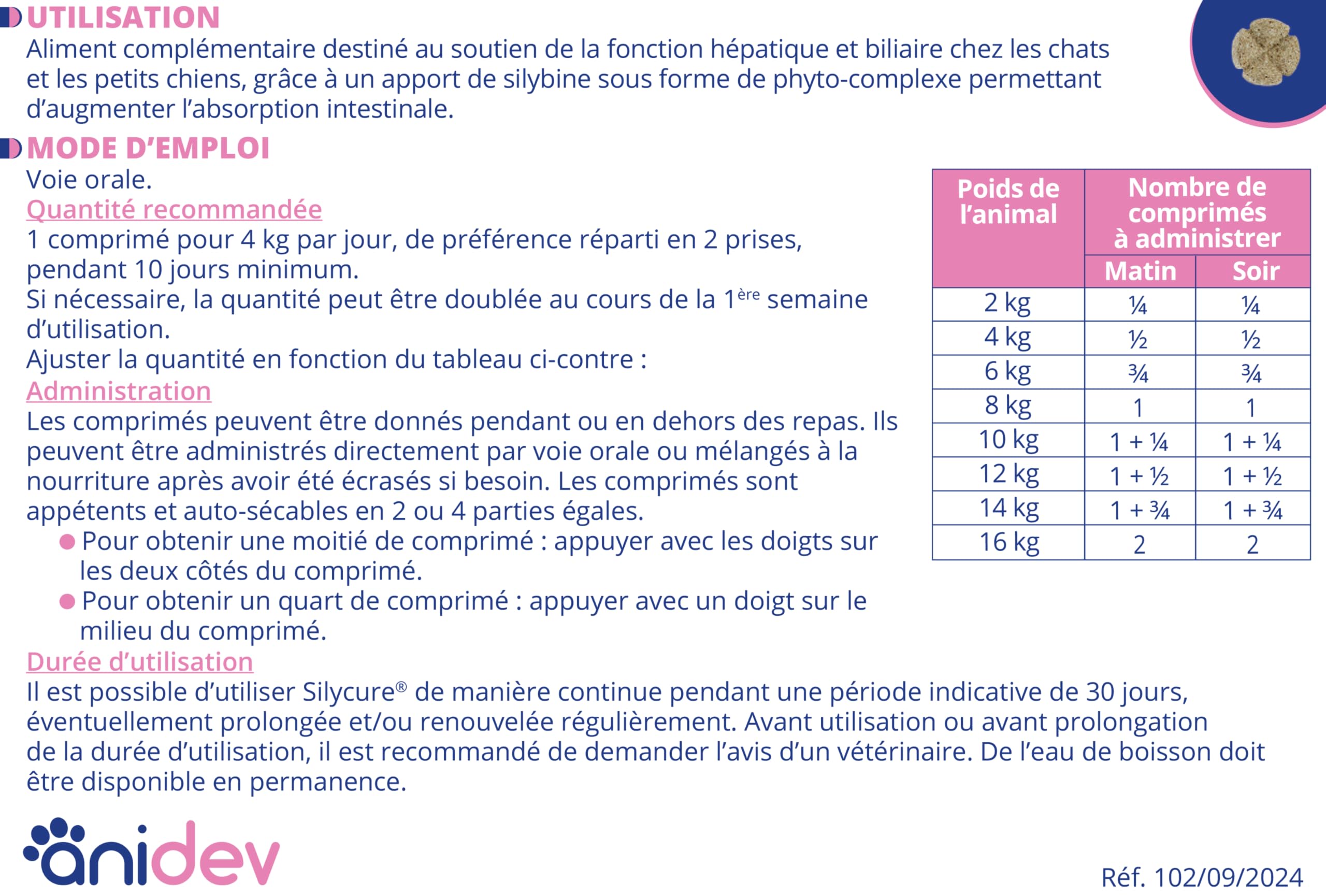 Anidev Silycure 40 - Complément Soutient Hépatique Chien Chat - 150 CP | Aliment Complémentaire - Formule d'Origine Naturelle Silybine Chardon Marie - Idéal Petit Chien & Chat -Cp Sécables Appétents